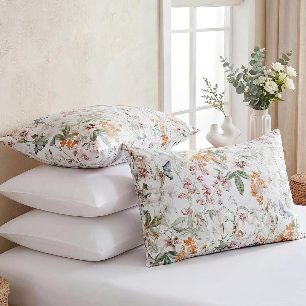 Bedorm Standard Size Pillow Cases Set 100% Cotton Pillow Covers 2 Pieces Yellow Flower Botanical Print Floral Pillow Case with Pocket Closu…