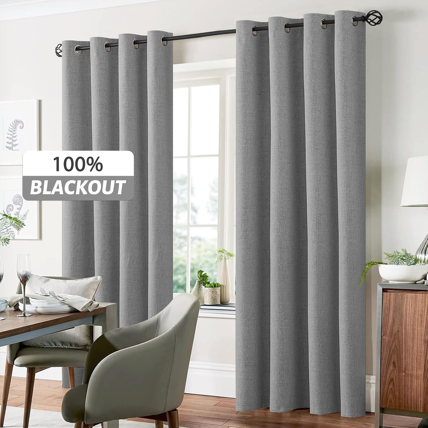 Yakamok Linen Dove Gray Curtains 100% Blackout 84 Inches Long, Room Darkening Textured Curtains for Living Room Thermal Grommet Bedroom Curt…