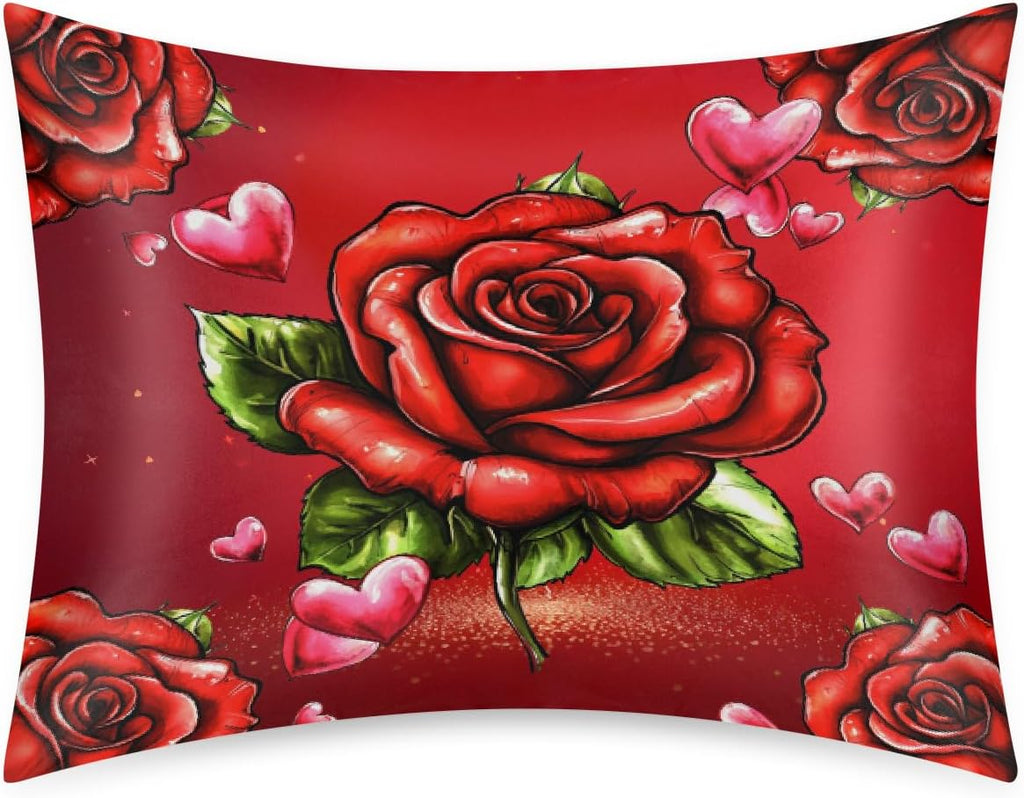 Valentine Red Roses Satin Silk Pillowcase for Hair & Skin Pillow Cases Standard Size Soft Silk Pillow Case with Envelope Closure Satin…