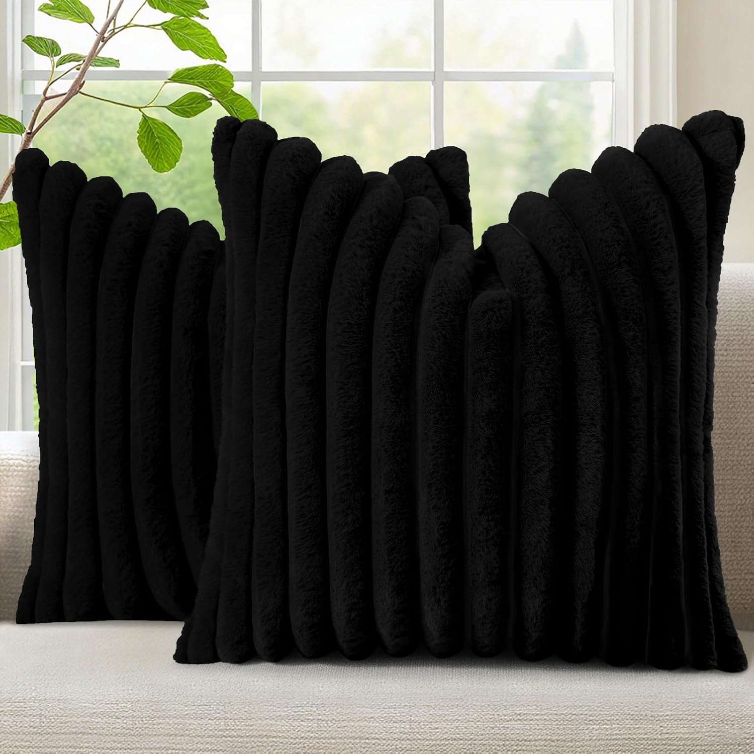 decorUhome Cozy Faux Fur Throw Pillow Covers 24x24 Set of 2 Decorative Soft Plush Striped Modern Farmhouse Boho Couch Euro Sham Pillow Case…