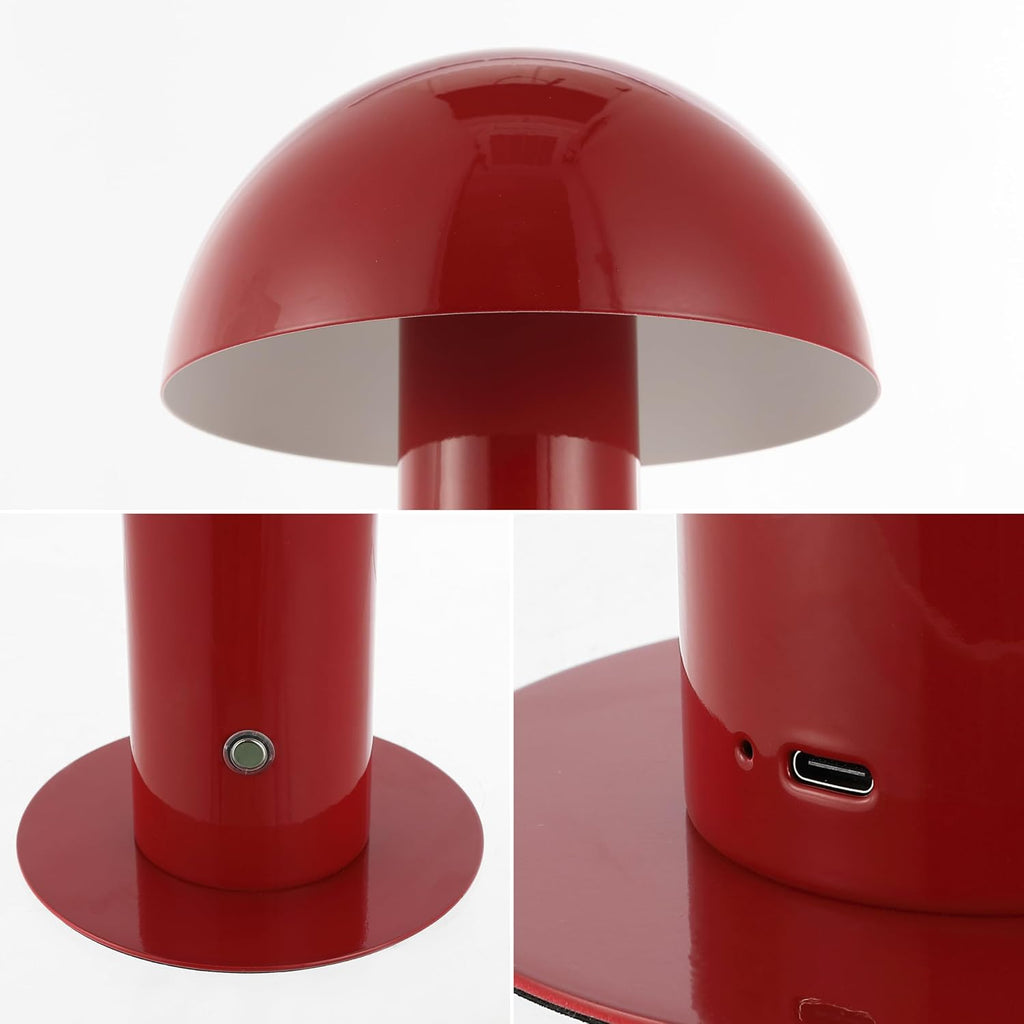 JONATHAN Y 10.75" Red Rechargeable LED Mushroom Table Lamp, Cordless Portable Bedside Lamp for Living Room Bedroom, 3-Way Dimmable Modern…