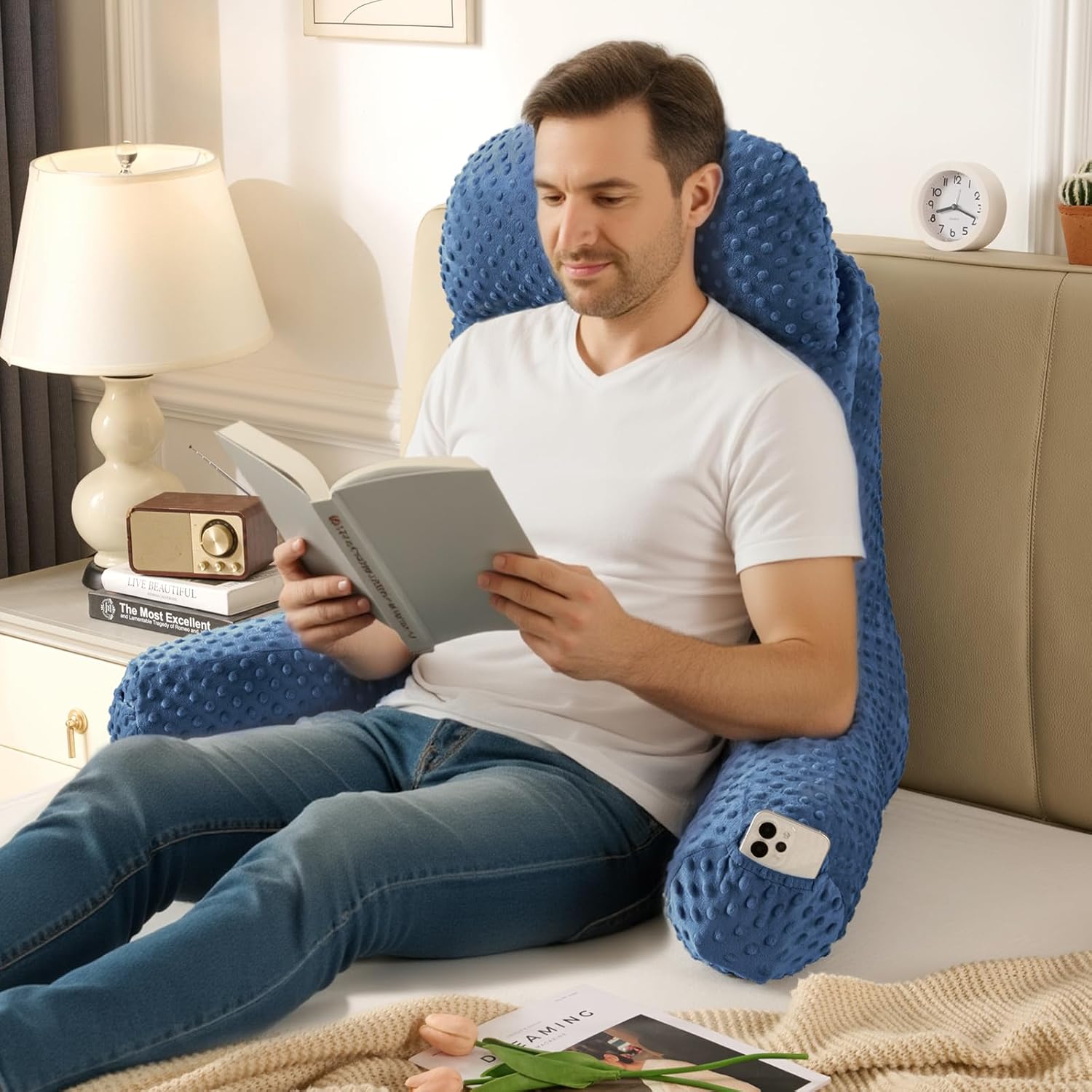 Reading Pillow for Sitting in Bed Couch Adult, Back Pillow for Bed Sitting Up, Back-Rest Support Cushion with Pockets and Arms, Watching…