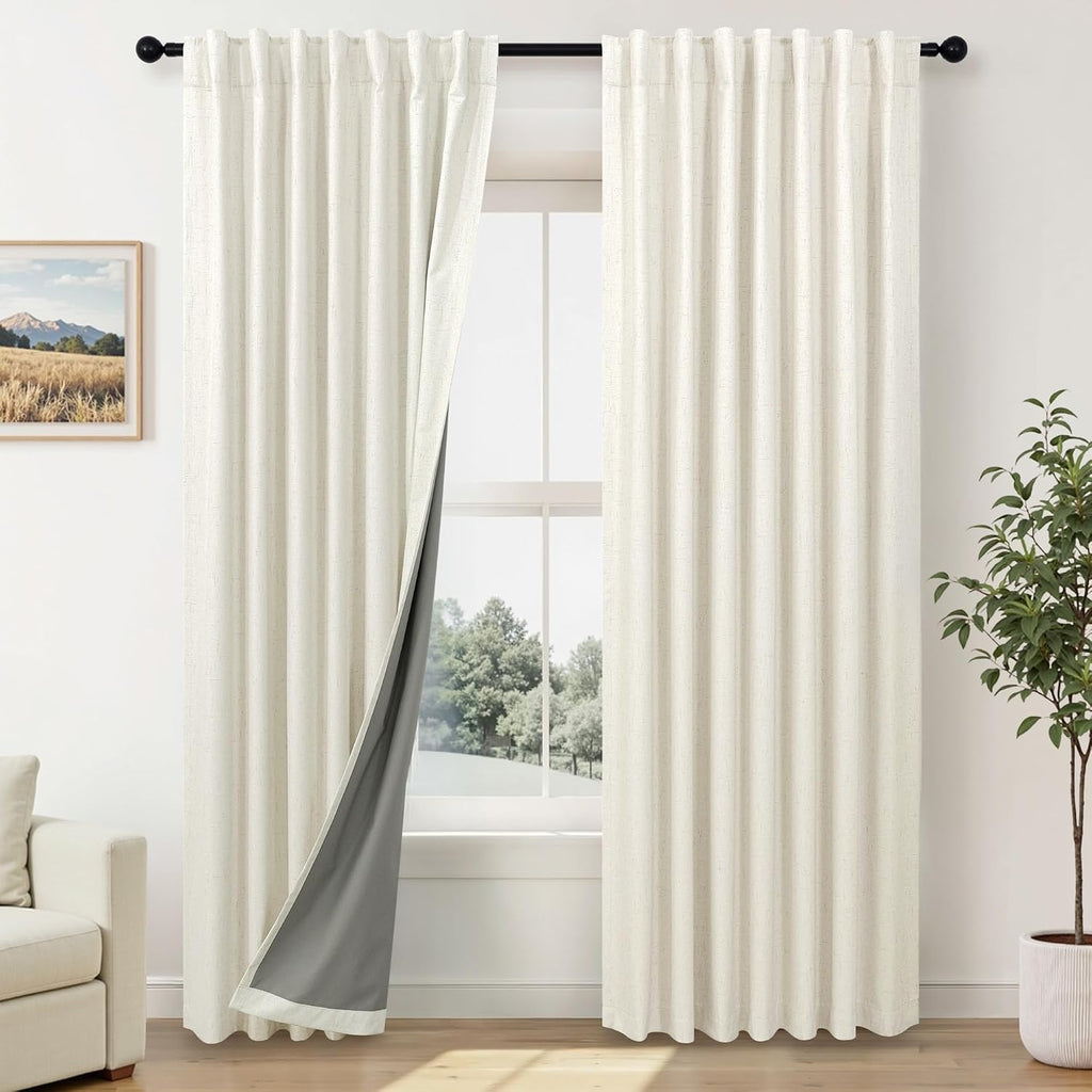 Pitalk Cream Linen Blackout Curtains by Size 70 Inches Wide x 63 Inch Length Extra Wide Black Out Curtains for 72 Inches Width Bedroom Livi…