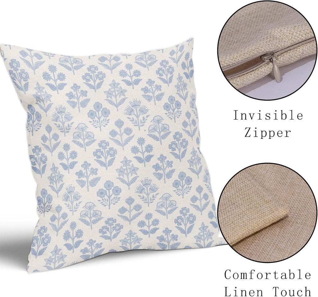 Baby Blue Floral Pillow Covers 16x16 Inch Set of 2, Vintage Flower Block Print Pattern Decorative Throw Pillowcases Outdoor Farmhouse…