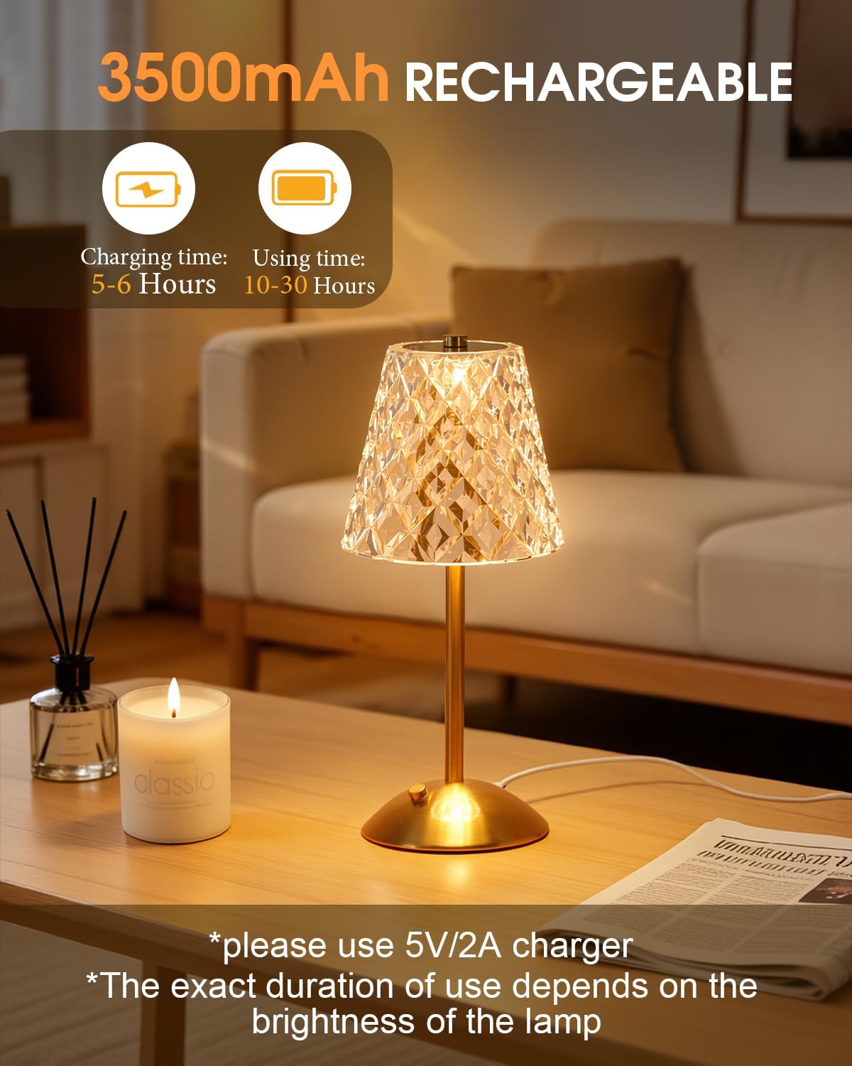 Nusogon Rechargeable Cordless Table Lamp, Touch Control Crystal Desk Lamp with 3500mAh Battery, 3 Color Dimmable LED Small Lamp for…