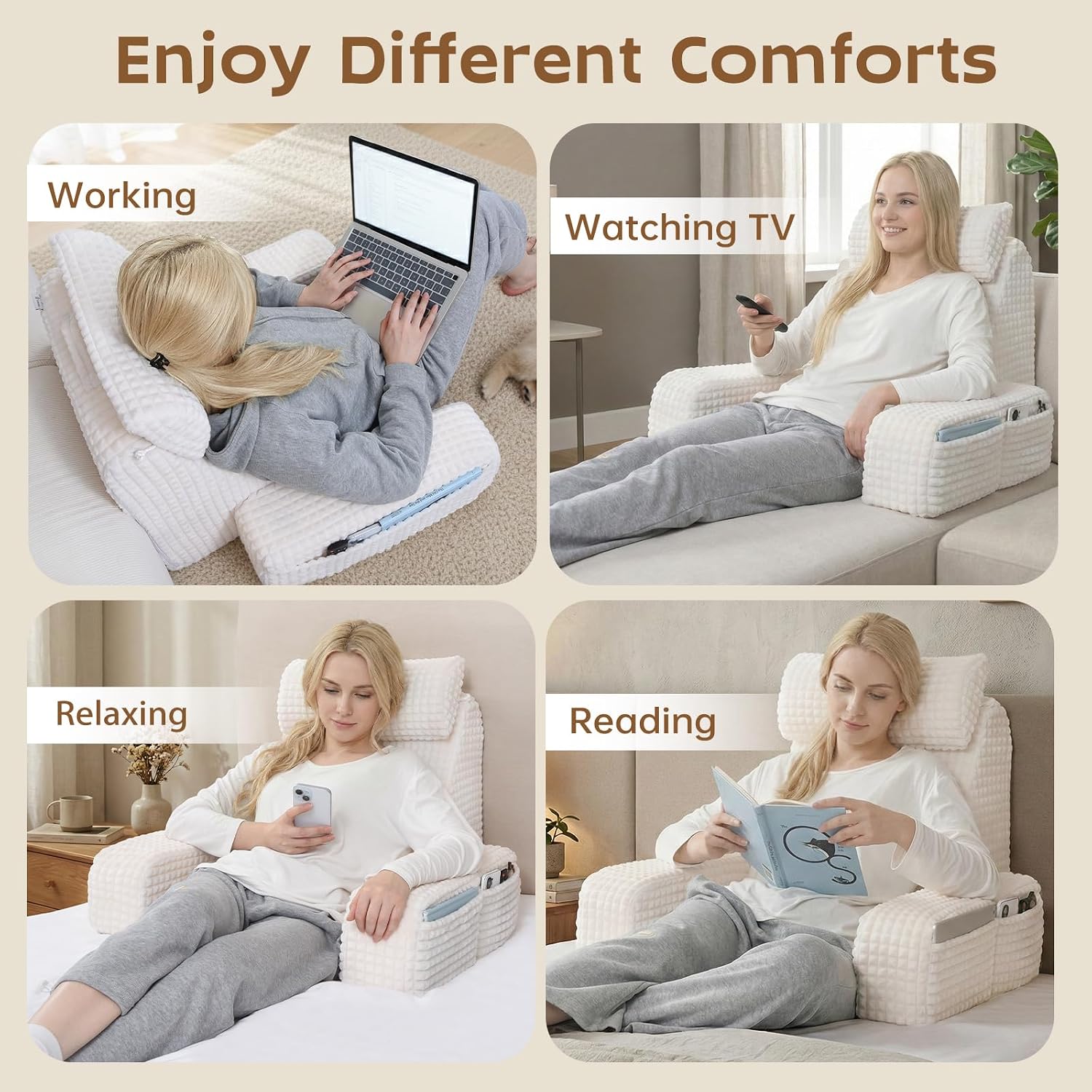 Vekkia Reading Pillow, Back Pillow for Bed Sitting Up Adult, Backrest Support Pillow with Build-in Arms & XL Pockets, Rest Chair for…