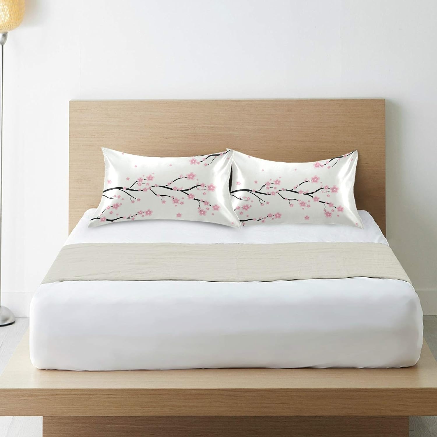 Blueangle Floral Sakura Pattern Satin Pillowcase for Hair and Skin Silk Pillowcase, Queen Size(20x30 inches) - Satin Pillow Covers with…
