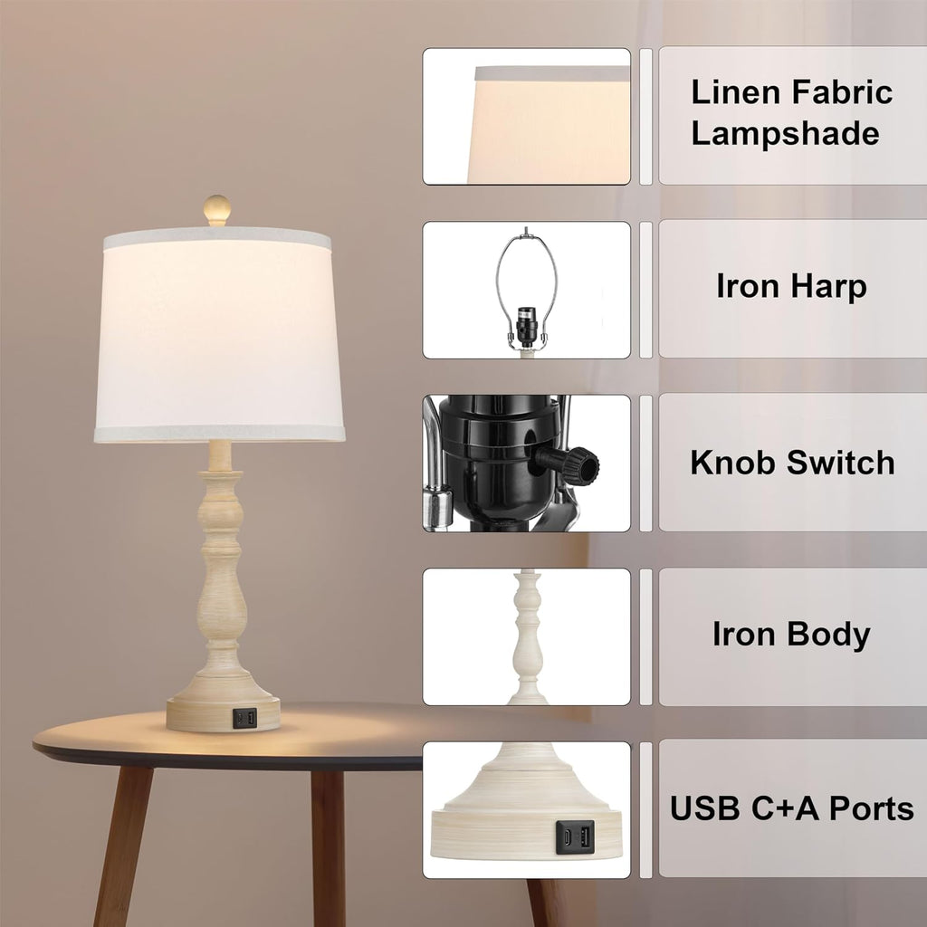 23'' Farmhouse Table Lamps for Living Room Set of 2 with USB C+A Ports, Retro Bedside Lamp for Bedroom, Office, Dining Room, Knob Switch…