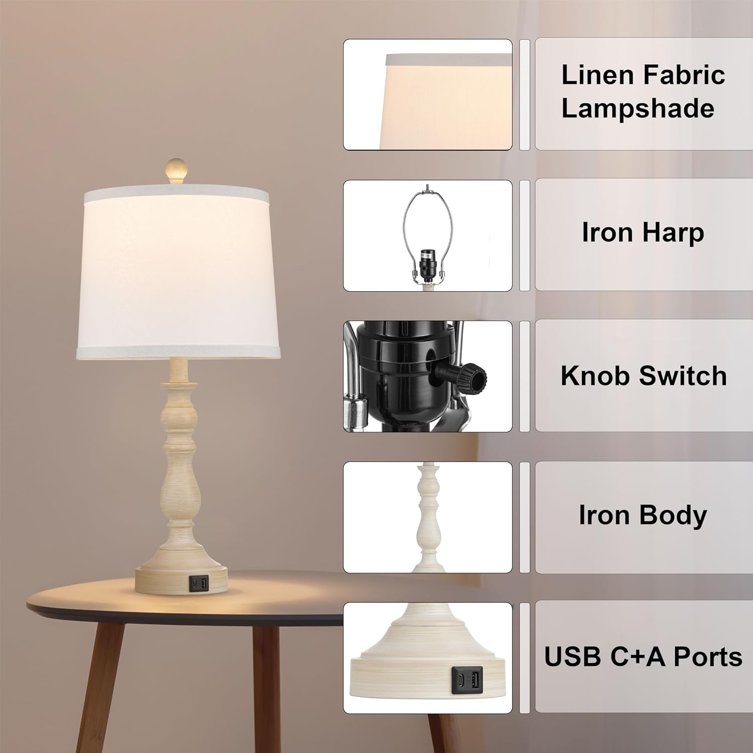 23'' Farmhouse Table Lamps for Living Room Set of 2 with USB C+A Ports, Retro Bedside Lamp for Bedroom, Office, Dining Room, Knob Switch…