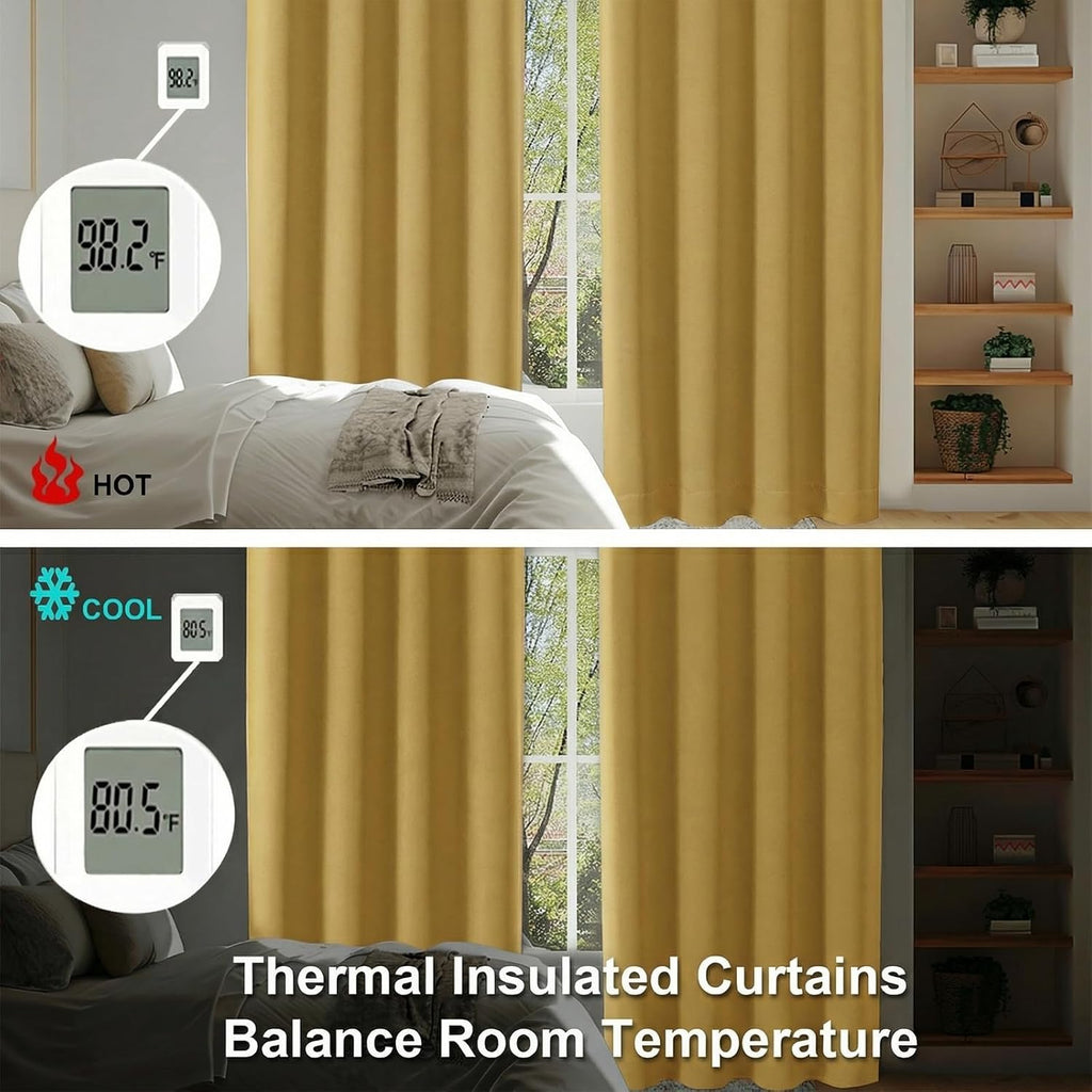 Simplebrand Ava Bright Gold Blackout Curtains for Bedroom 72 Inch Length 2 Panels Set, Privacy Thermal Insulated Rod Pocket Door Window Cur…