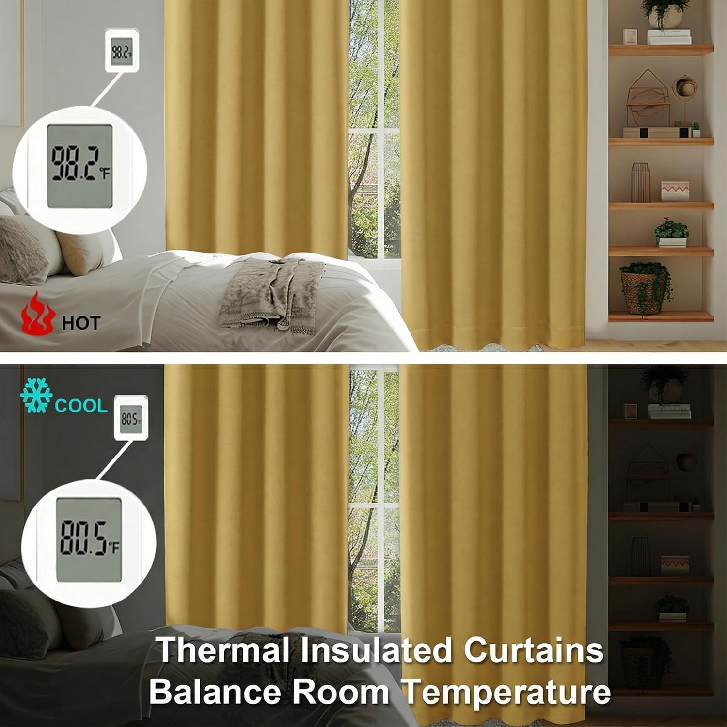 Simplebrand Ava Bright Gold Blackout Curtains for Bedroom 72 Inch Length 2 Panels Set, Privacy Thermal Insulated Rod Pocket Door Window Cur…