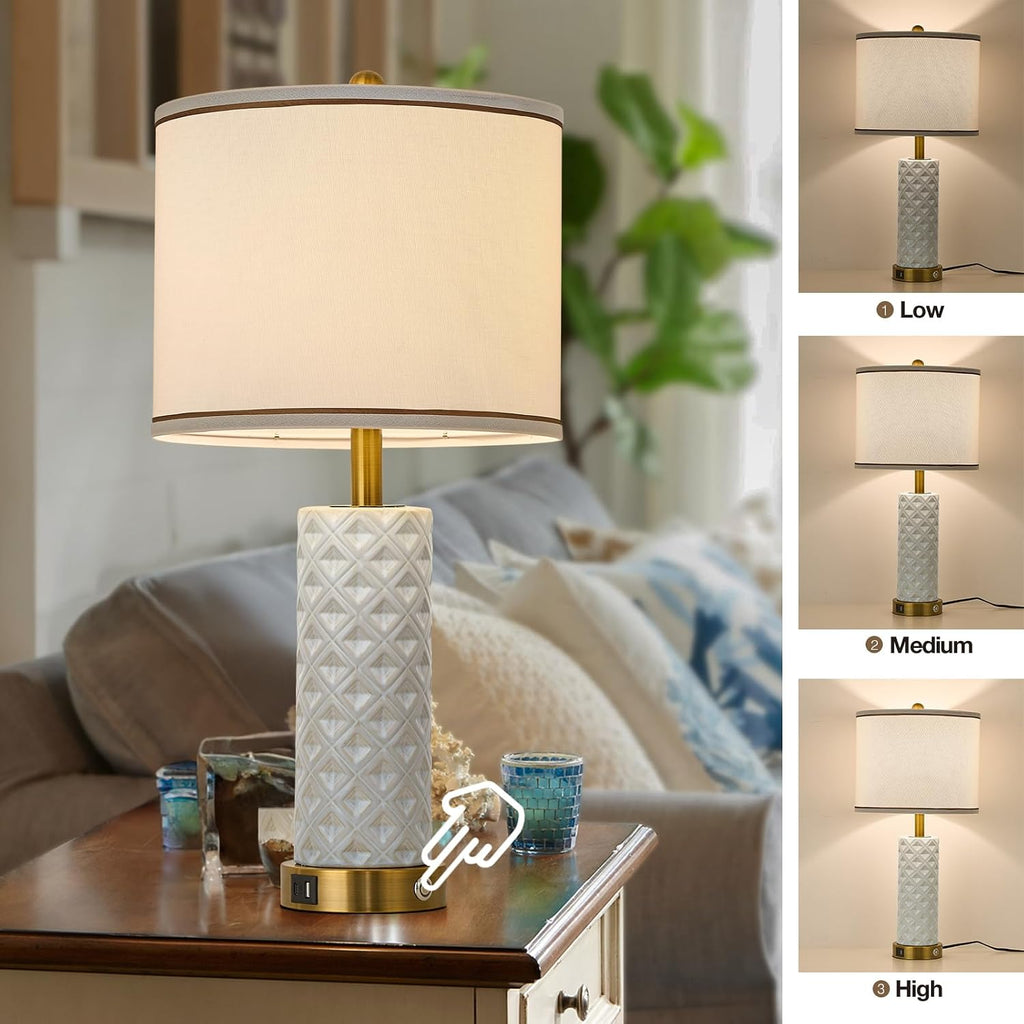 Set of 2 Table Lamp for Living Room Bedroom Farmhouse,26'' Touch Control Bedroom Ceramic Lamps 3-Way Dimmable Bedside Lamps with USB A+C…