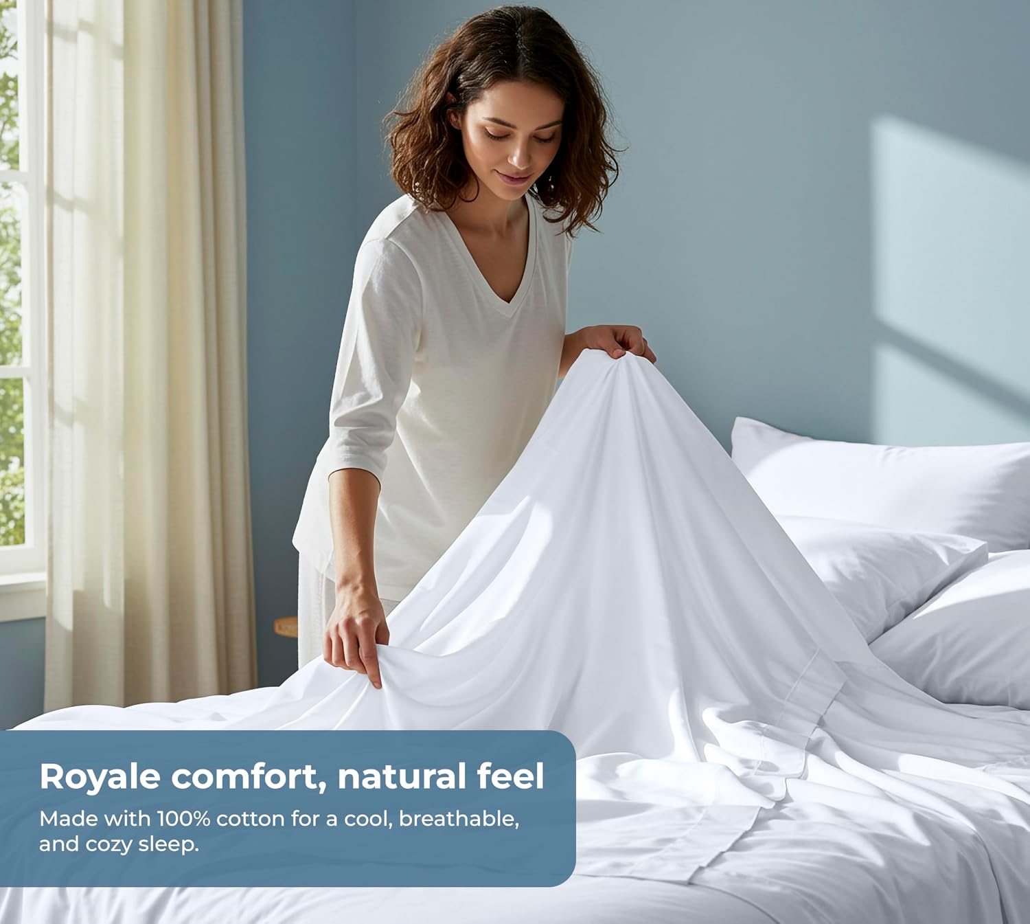 Royalelinens ROYALE LINENS 100% Organic Cotton Queen Sheet Set - Percale Weave - 4 Pieces Set - 1 Flat, 1 Deep Pocket Fitted Sheet and 2 Pi…