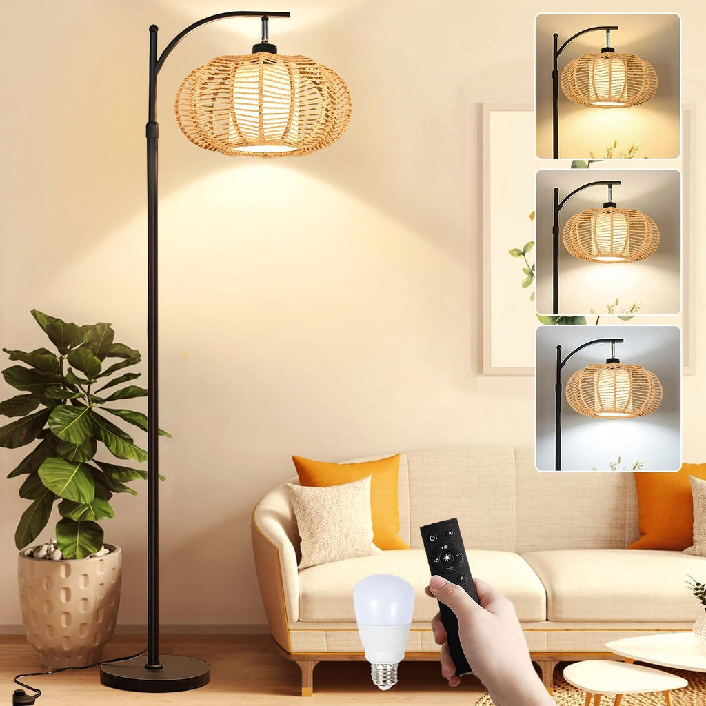 ZECOXOL Arc Floor Lamps for Living Room Bedroom Rattan Boho Floor Lamp with Remote Control, Dimmable Led Standing Lamp Wicker Lamp Shade…