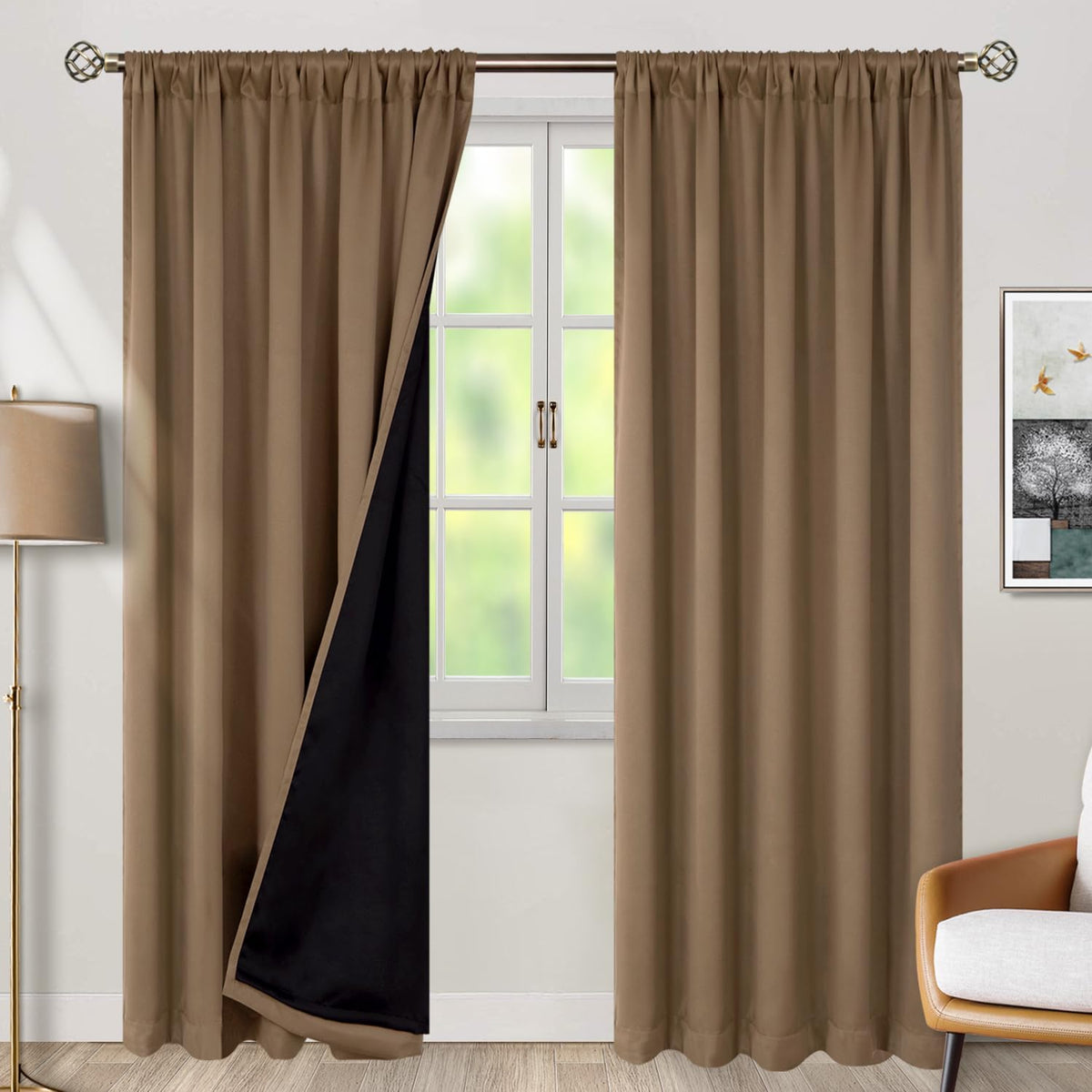 BGment Thermal Insulated Taupe 100% Blackout Curtains 84 Inches Long with Liner, Rod Pocket and Back Tab Double Layer Room Darkening…