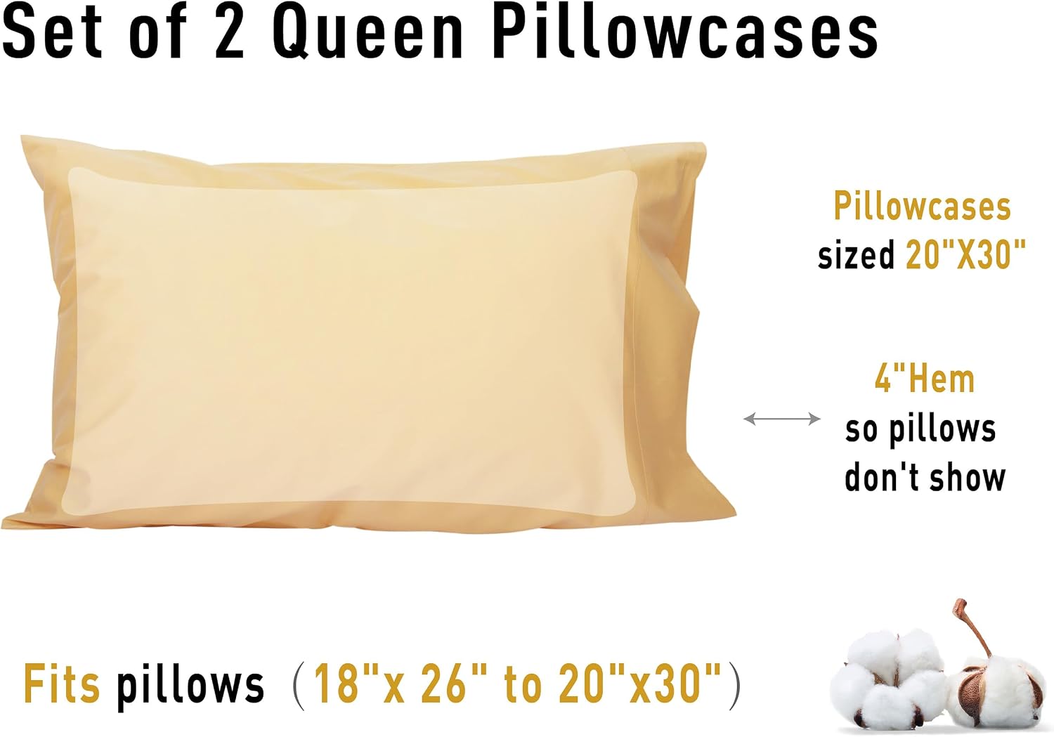 Sunflower Queen Pillowcases Set of 2, 100% Cotton Queen Size Pillow Cases 2, 20×30 inches Desert Mist, Soft and Breathable