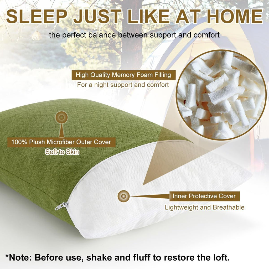 Ivellow Memory Foam Travel Pillow - Compact, Lightweight, Breathable & Hypoallergenic - Adults & Kids - Camping, Hiking, Travel - Avocado G…