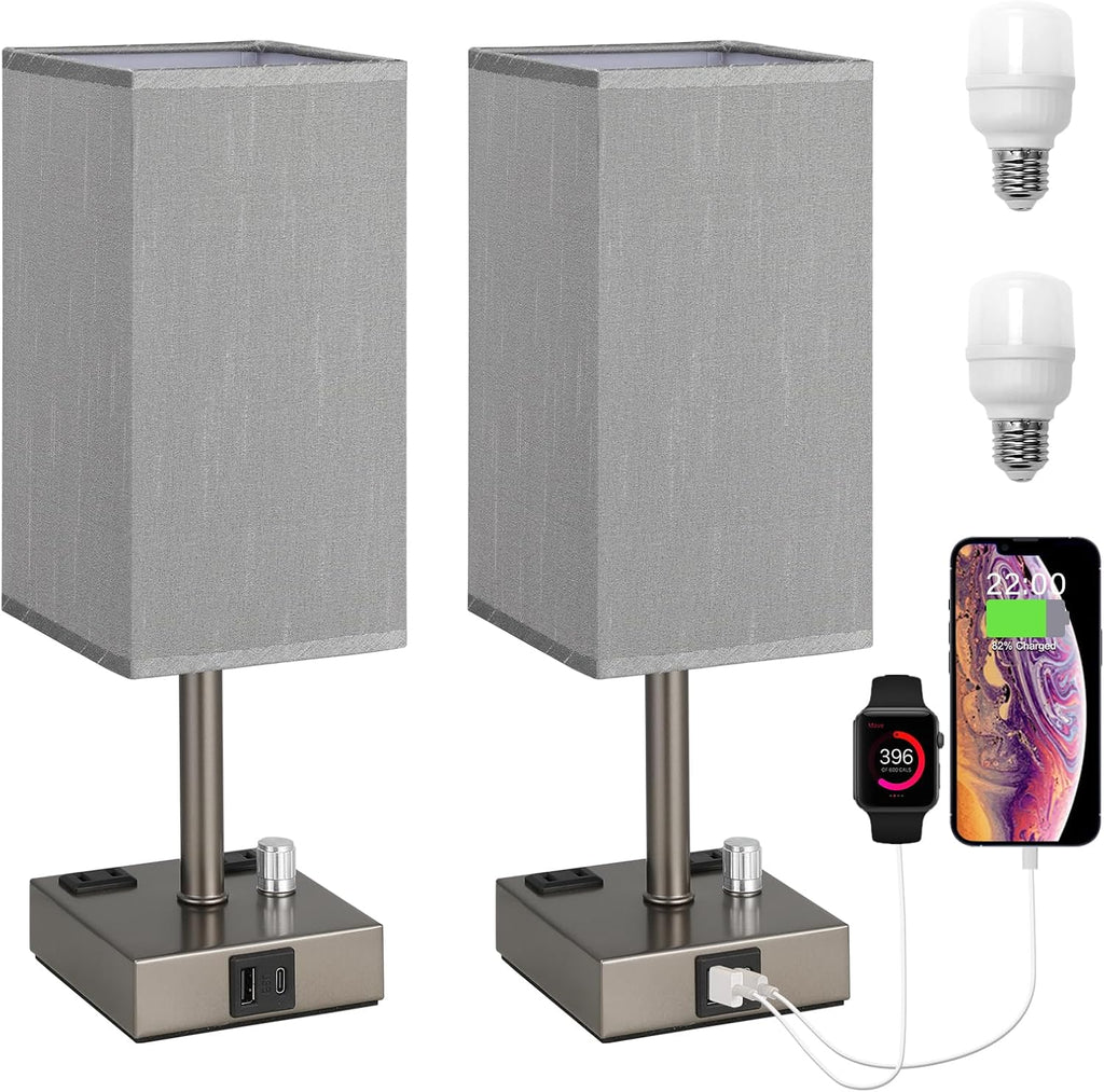 aooshine Grey Fully Dimmable Nightstand Lamps Set of 2 - Table Bedside Lamp with USB C+A Charging Ports & 2 AC Outlets, Square Lamp Sets…