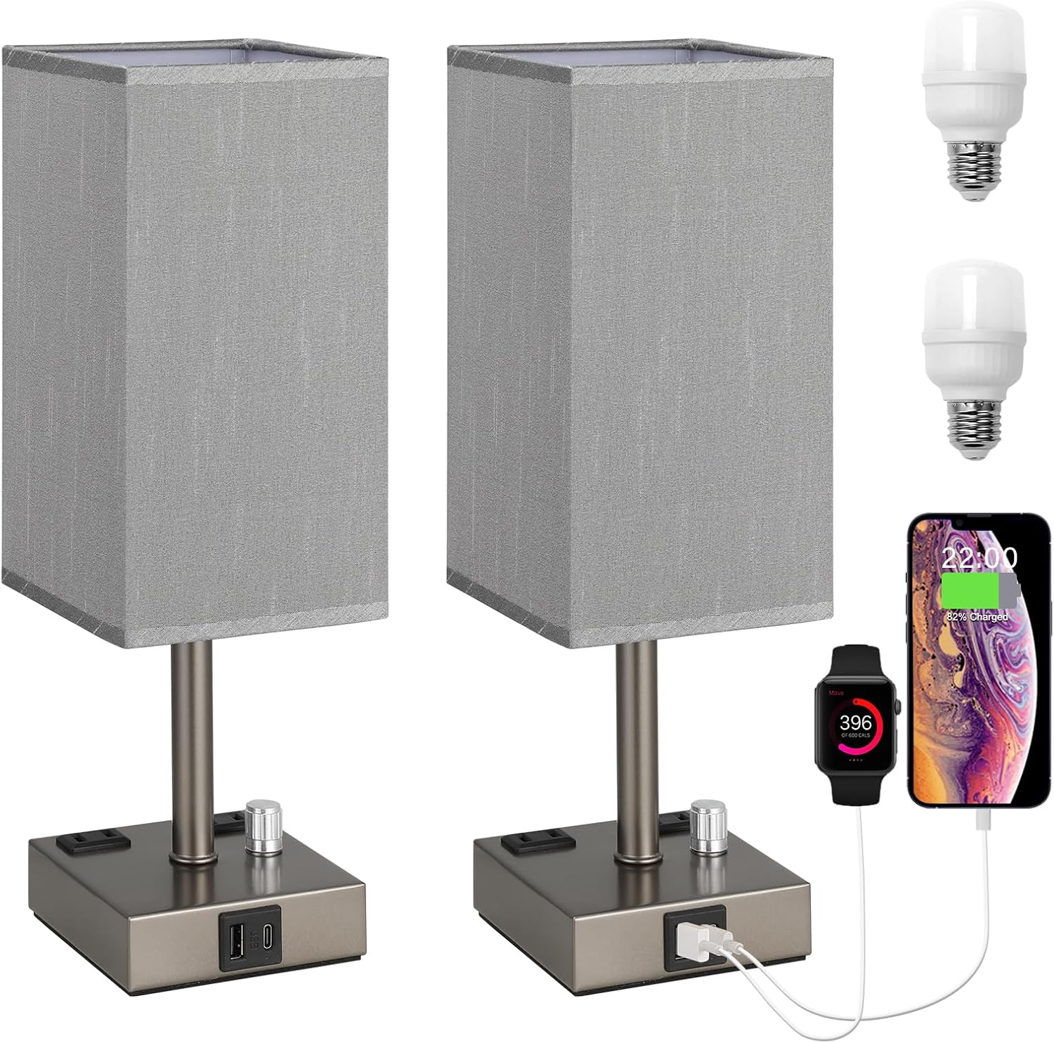 aooshine Grey Fully Dimmable Nightstand Lamps Set of 2 - Table Bedside Lamp with USB C+A Charging Ports & 2 AC Outlets, Square Lamp Sets…