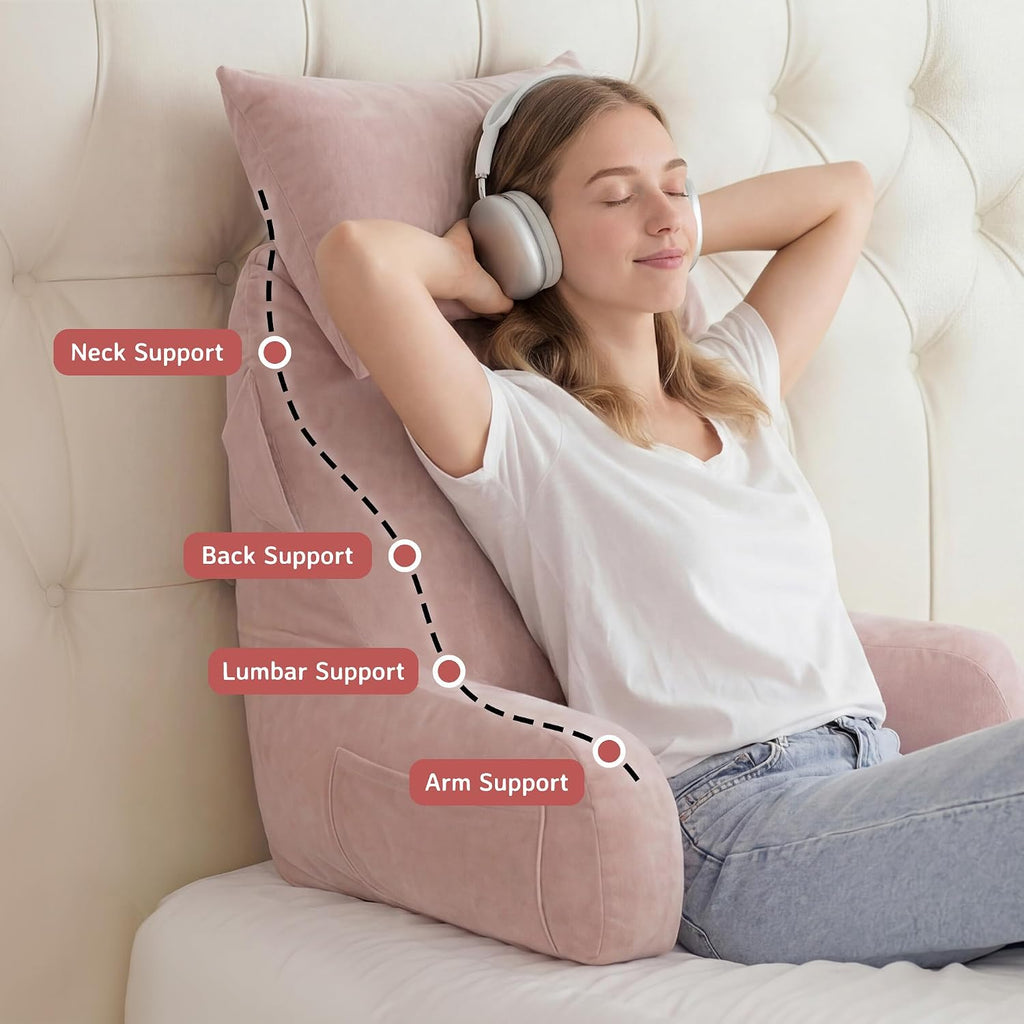 Unisakey Portable Reading Pillows with Headrest for Bed Sitting Up(Pink Oeko-Tex), Velvet Back Pillow with Arms & Pockets for Adults…