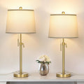 JUNNAI 2 Pack 22"-30" Adjustable Height Table Lamps Set, Modern Gold Table Lamps with White Shade 3 Colour Temperature Pull Chain Tall…