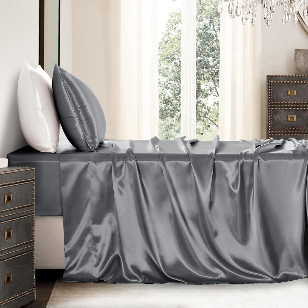 Golal Satin Sheets Twin Size - 3 Pieces Luxury Silky Soft Bed Sheets for Kids, Wrinkle-Free Dark Grey Satin Silk Sheet Set with 1 Deep Pock…