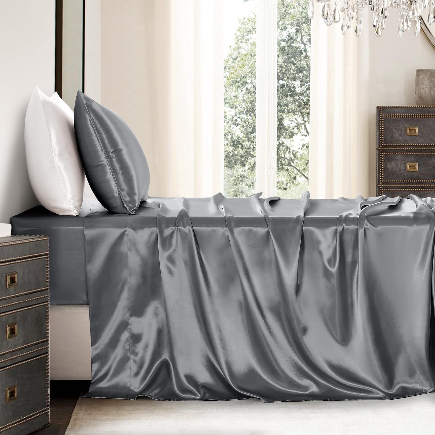 Golal Satin Sheets Twin Size - 3 Pieces Luxury Silky Soft Bed Sheets for Kids, Wrinkle-Free Dark Grey Satin Silk Sheet Set with 1 Deep Pock…