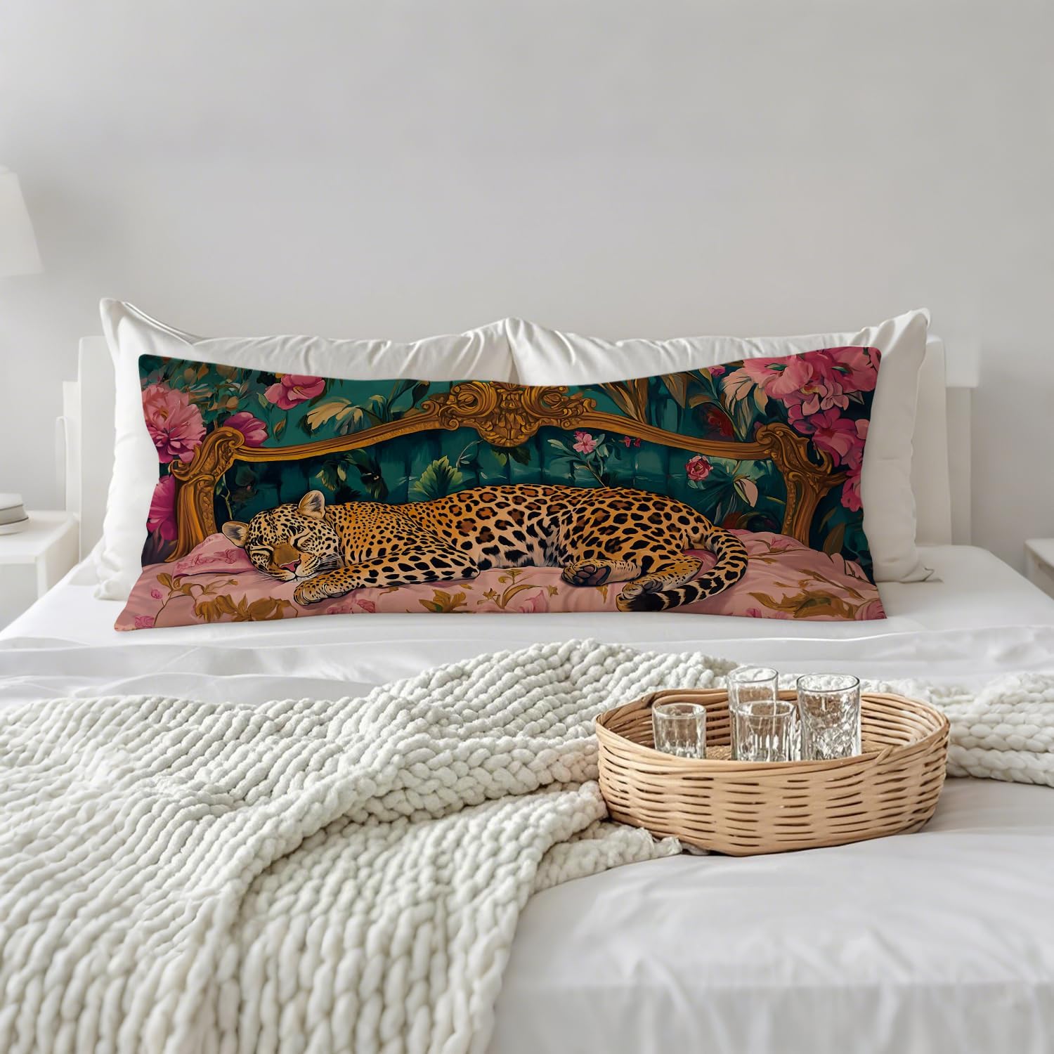 Vintage Leopard Floral 20x54 Body Pillow Cover, Cheetah Room Decor, Trendy Retro Sleepy Leopard Pink Flowers Decorative Long Body Pillow…