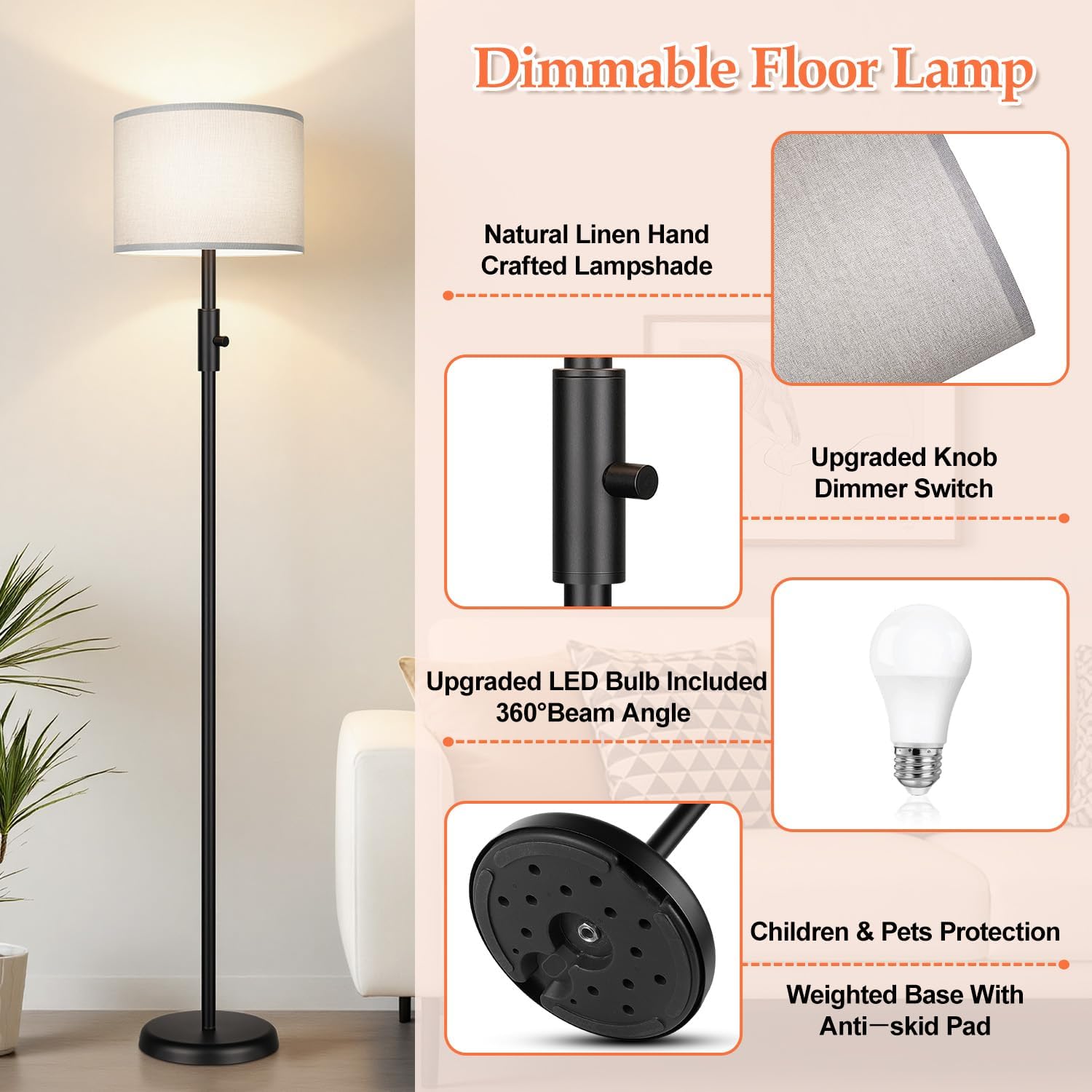 Floor Lamp Simple Design with Shade, Small Tall Lamps for Living Room Bedroom Office Dining Room Kitchen, Black Pole Lamp-Gray