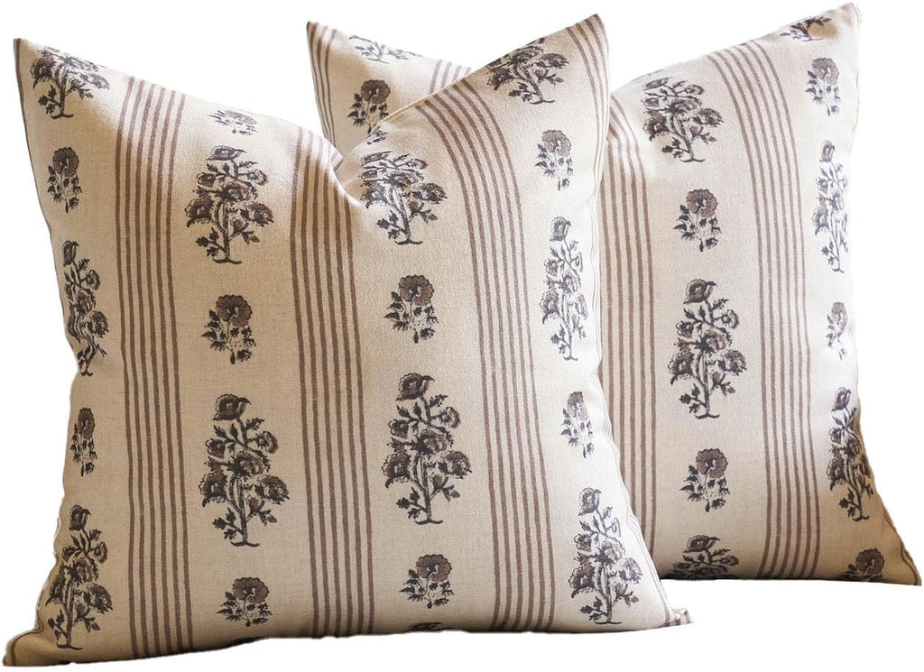 AffordableFloralPrintMaker Amor Virisso Floral Throw Pillow Covers 24x24 Set of 2 Block Print Pillow Covers Neutral Floral Striped Farmhous…