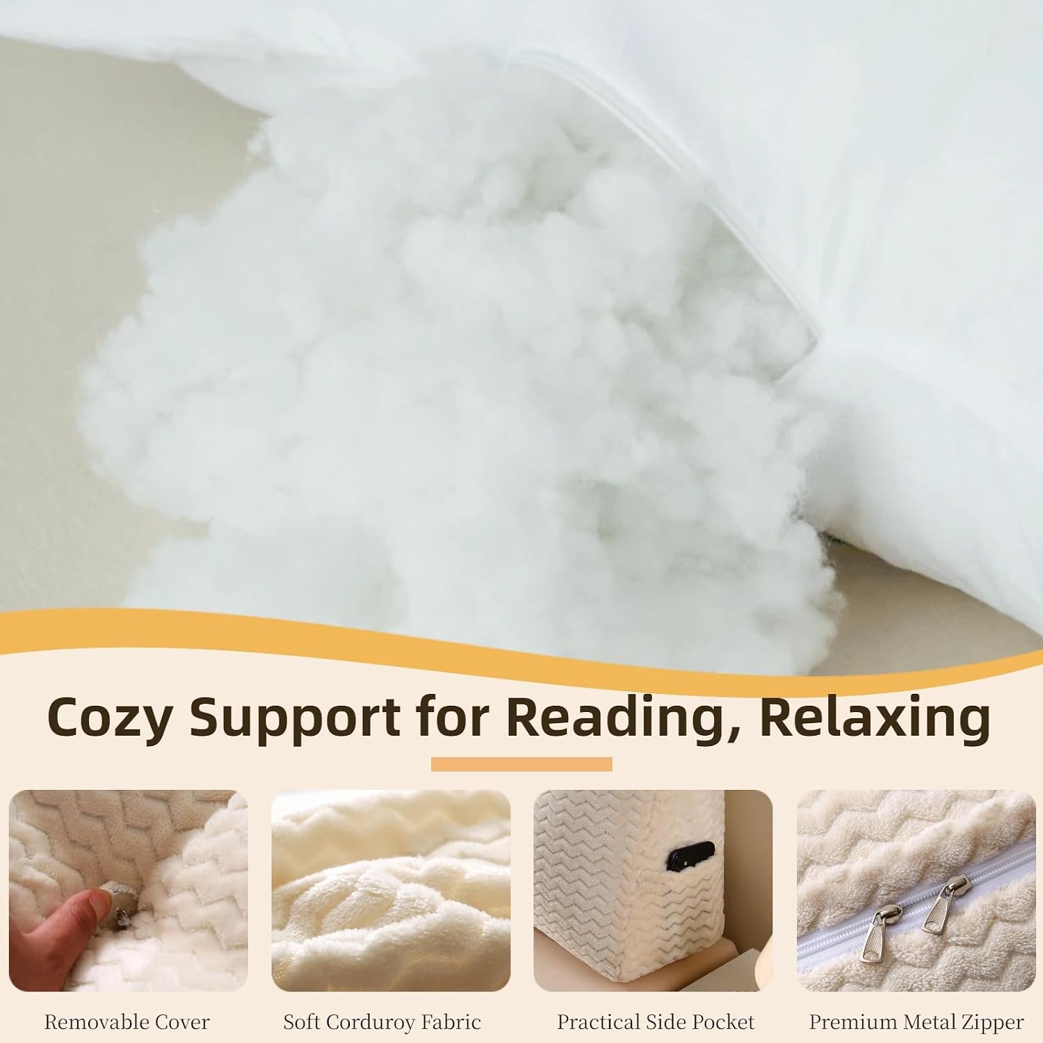 Headboard Pillow Full Size, Reading Pillow for Bed, Wave Pattern Wedge Pillow, Tufted Backrest Support, Headboard Substitute, Beige