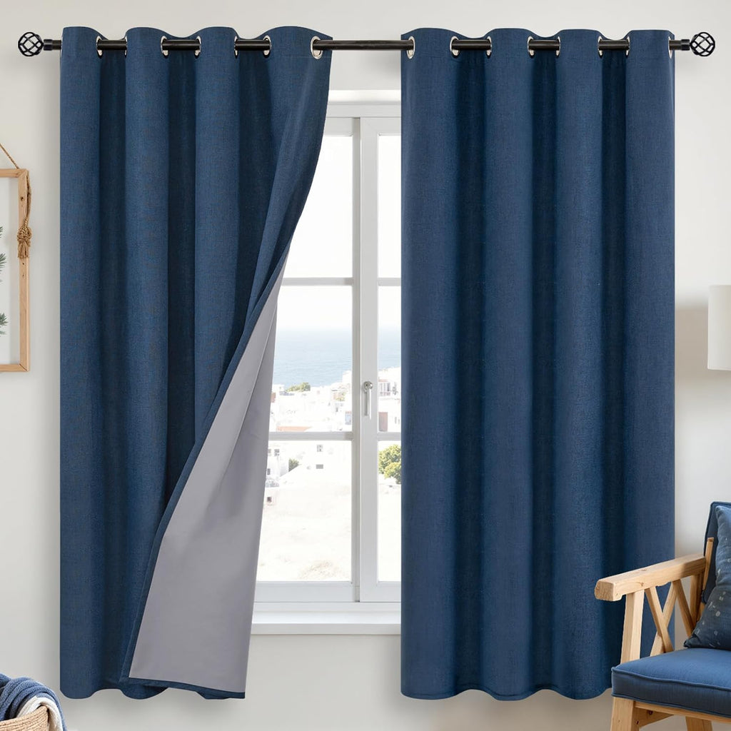 YoungsTex Navy Blue Linen Blackout Curtains 68 Inches Long for Bedroom, Full Light Blocking Drapes with Grommet Privacy for Living Room Win…