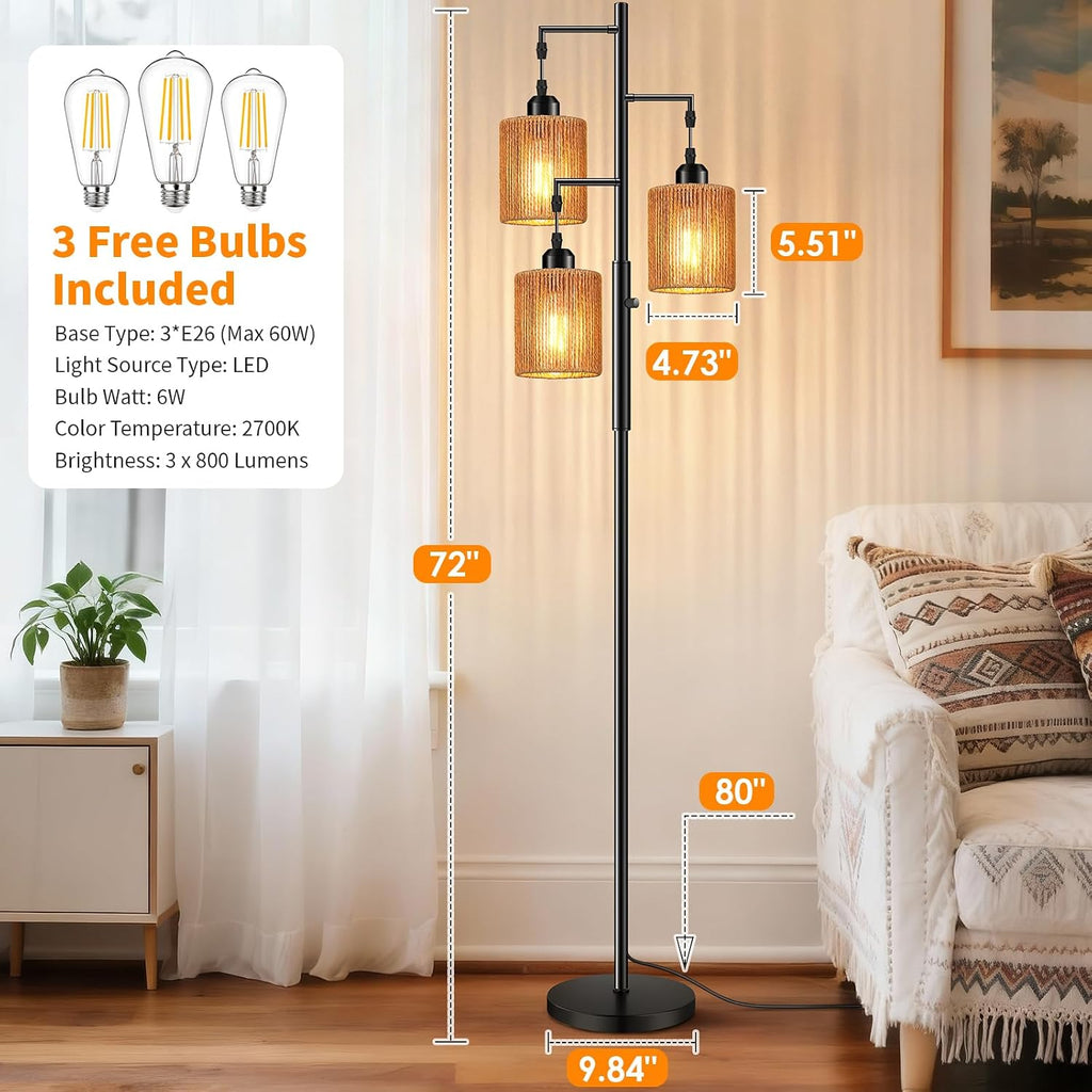 Hotsonic 72" Tall Boho Rattan Style Floor Lamp with Hand-Woven Paper Cord Shade, Dimmable Industrial Tree Standing Lamp for Living Room…