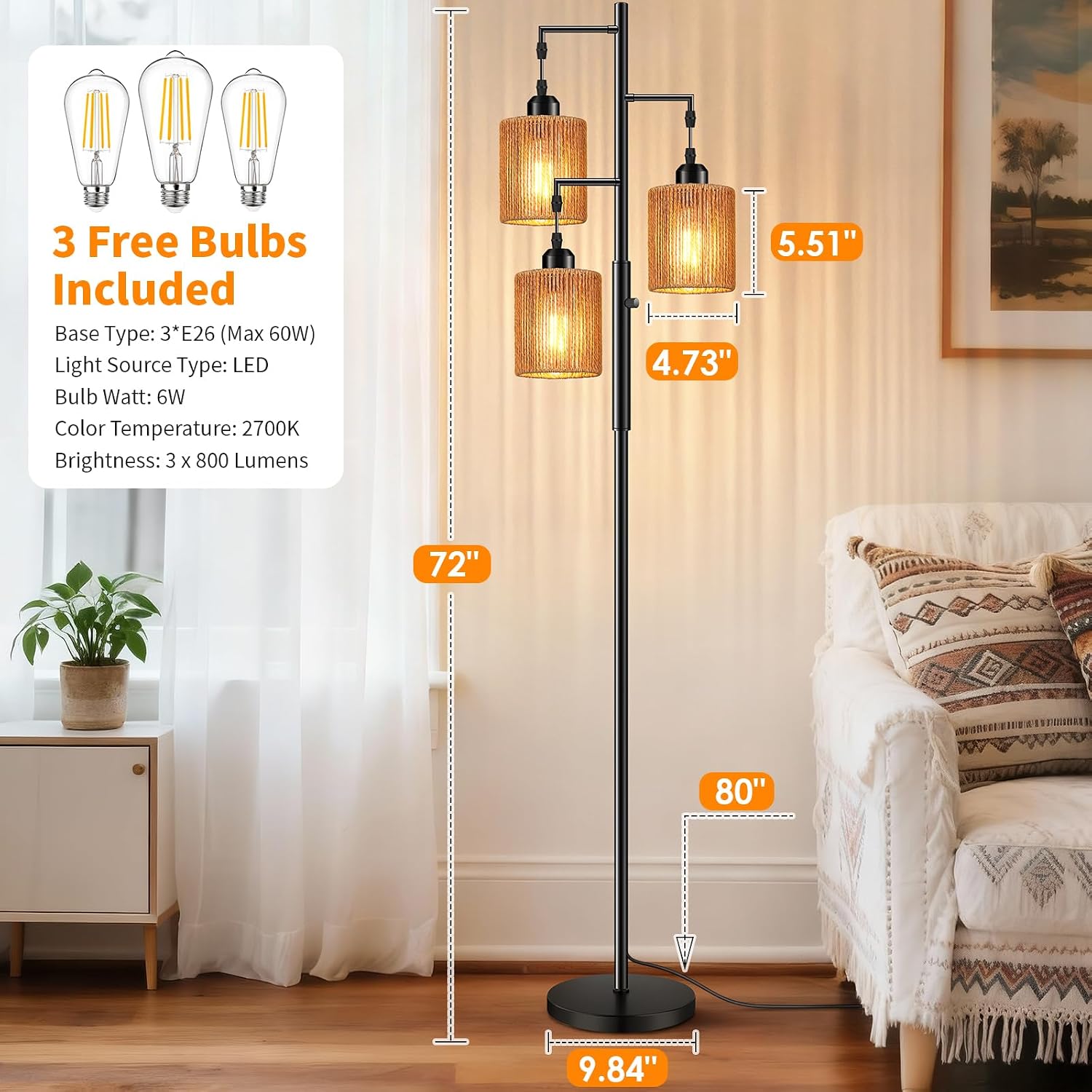 Hotsonic 72" Tall Boho Rattan Style Floor Lamp with Hand-Woven Paper Cord Shade, Dimmable Industrial Tree Standing Lamp for Living Room…