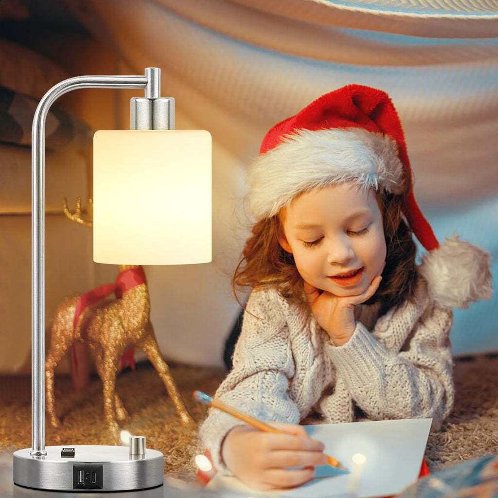 Lynnoland Set of 2 Industrial Table Lamps with USB C+A Ports and Outlet, Brushed Nickle Fully Stepless Dimmable Bedside Lamps, Nightstand…
