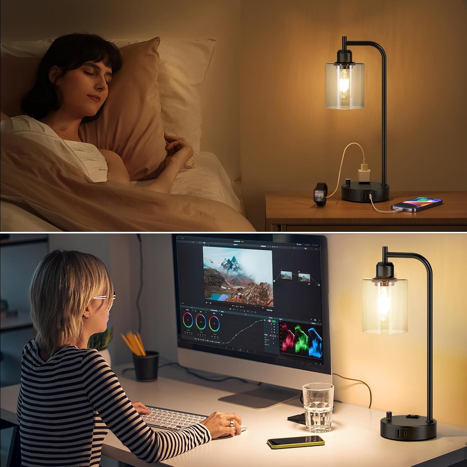 Industrial Nightstand Lamps for Bedrooms Set of 2 - Fully Dimmable Bedside Lamps with USB A C Ports and Outlet, Black Table Lamps with…