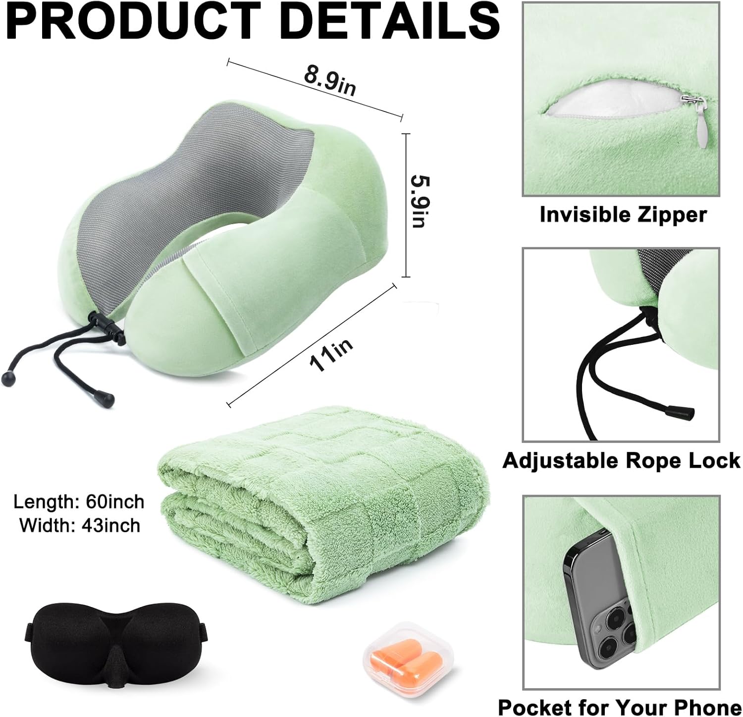 urnexttour Travel Pillow and Blanket Set Neck Pillows Soft Blankets with Sleep Mask Travel Essentials for Airplane Car Memory Foam Sage…