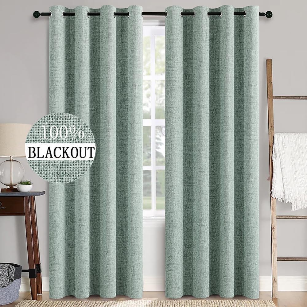 Miulee Linen Texture Curtains for Bedroom Solid 100% Blackout Thermal Insulated Seafoam Green Curtains Grommet Room Darkening Draperies for…