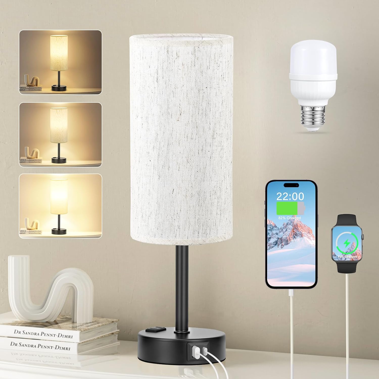 Light Beige Table Lamp for Nightstand - 3 Way Dimmable Bedside Lamp for Bedroom with USB C A Charging Ports and AC Outlet, Small Desk…