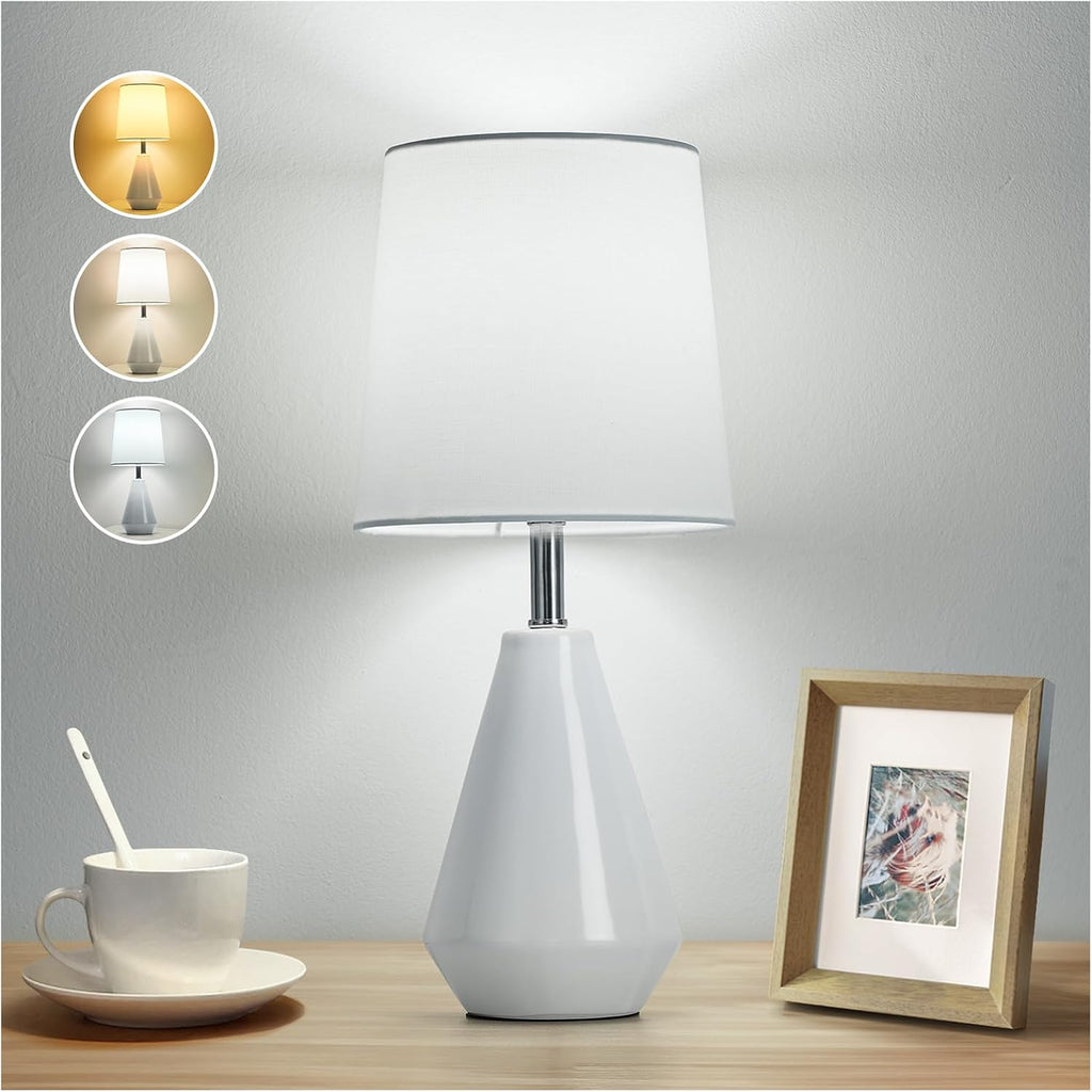 Small Bedside Table Lamp for Bedroom - Reading Desk Lamp with 3 Color Temperatures,15.5" Nightstand Ceramic Lamp with Fabric Shade for…