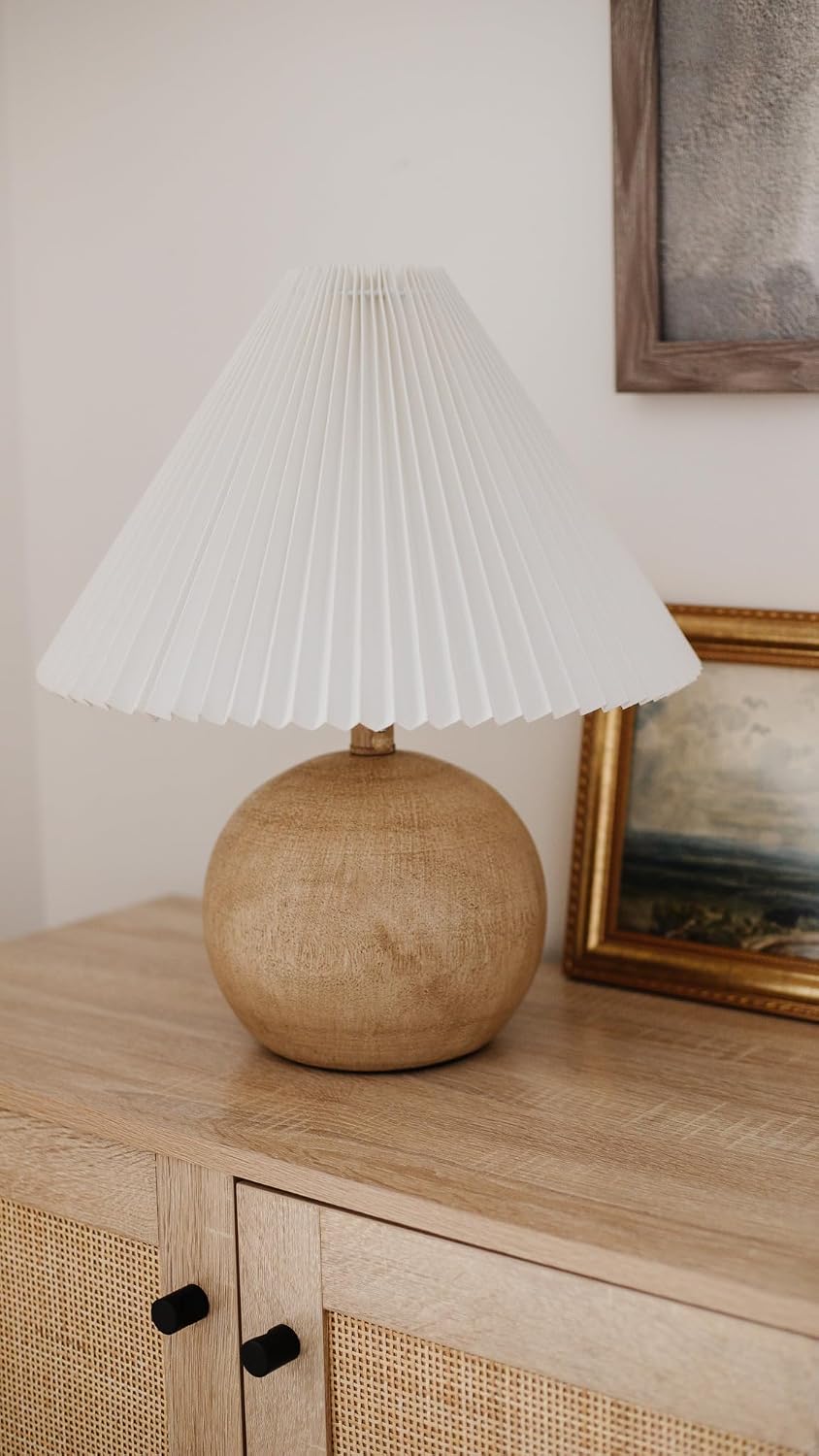 Jonathany JONATHAN Y 17.25" Beige Wood Finish/White Sphere Table Lamp, Mid-Century Bedside Nightstand with Beige Pleated Linen Shade, Scand…