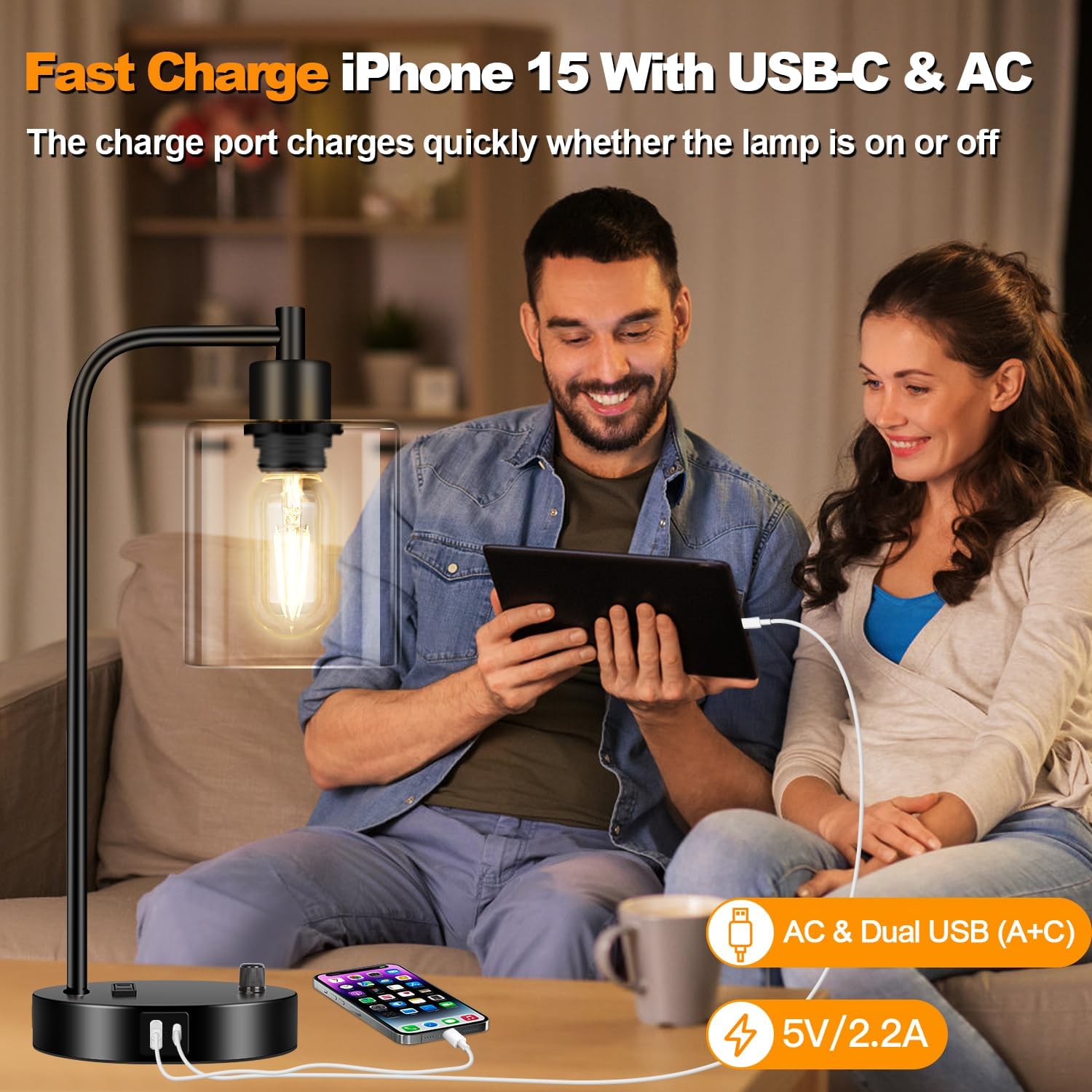 Industrial Table Lamp with USB A+C Ports and Outlet, Fully Stepless Dimmable Modern Nightstand Lamp, Glass Shade Bedside Desk Lamp for…