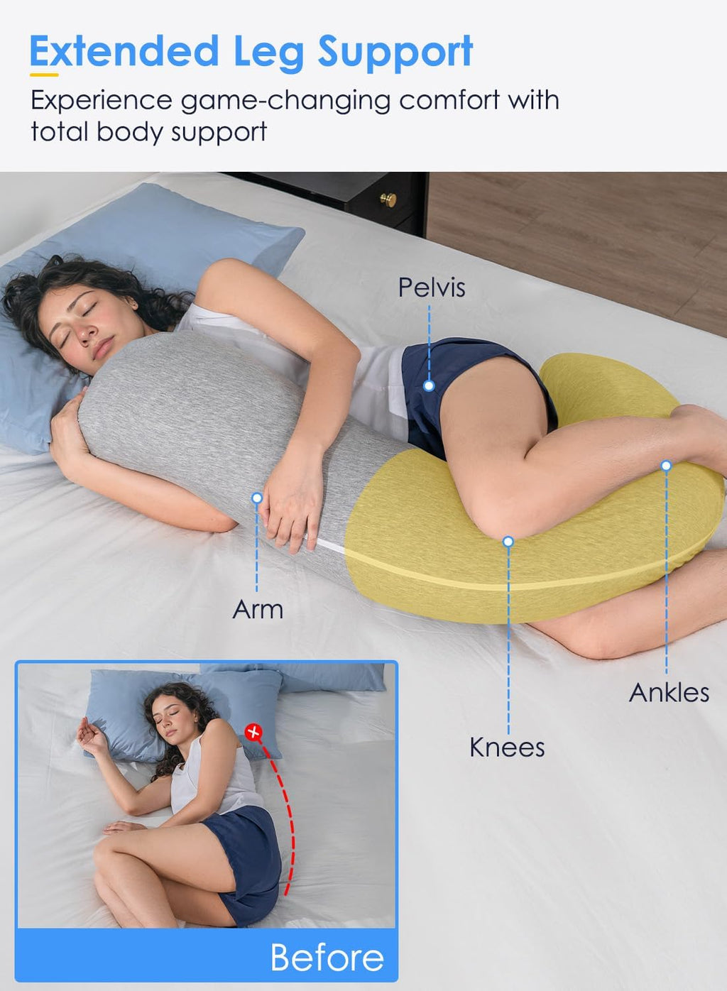 Queenrose QUEEN ROSE Body Pillow, Full Body Support Pillow for Side Sleepers, Cooling Soft S Shaped Hug Pillow for Adults, Grey Grey
