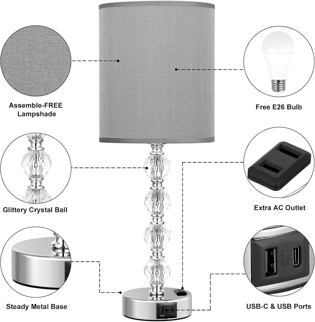 Touch Bedside Crystal Lamps for Bedrooms Nightstand with USB C+A Charging Port and AC Outlet White, 3 Way Dimmable Silver Large End Side…