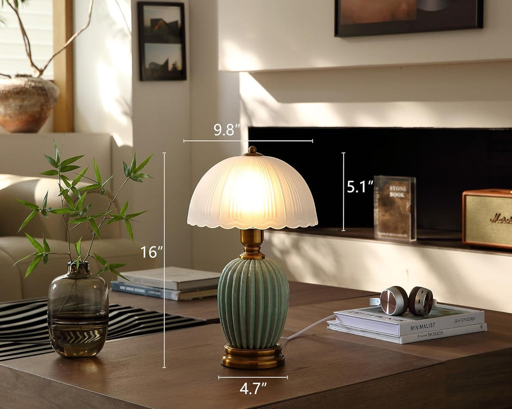 Glivpny Vintage Table Lamp for Living Room,16" Mid Century Modern Ceramic Lamps for Bedroom, Retro Bedside Nightstand Mushroom Glass…