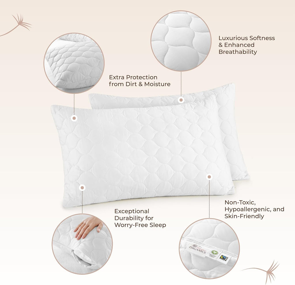WhisperOrganics Organic Cotton Pillow Protector - Durable Quilted Pillow Protector King Size GOTS & Fairtrade Certified - Thick Hypoallerge…