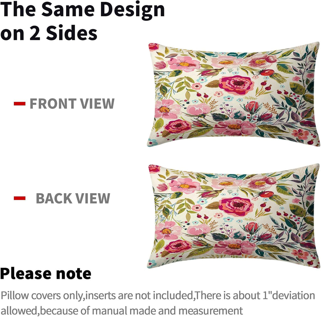 Spring Summer Flower Throw Pillow Covers 20x12 Inch Watercolor Peony Pillowcase Hot Pink Flora with Green Leaves Girly Decorative Cotton…