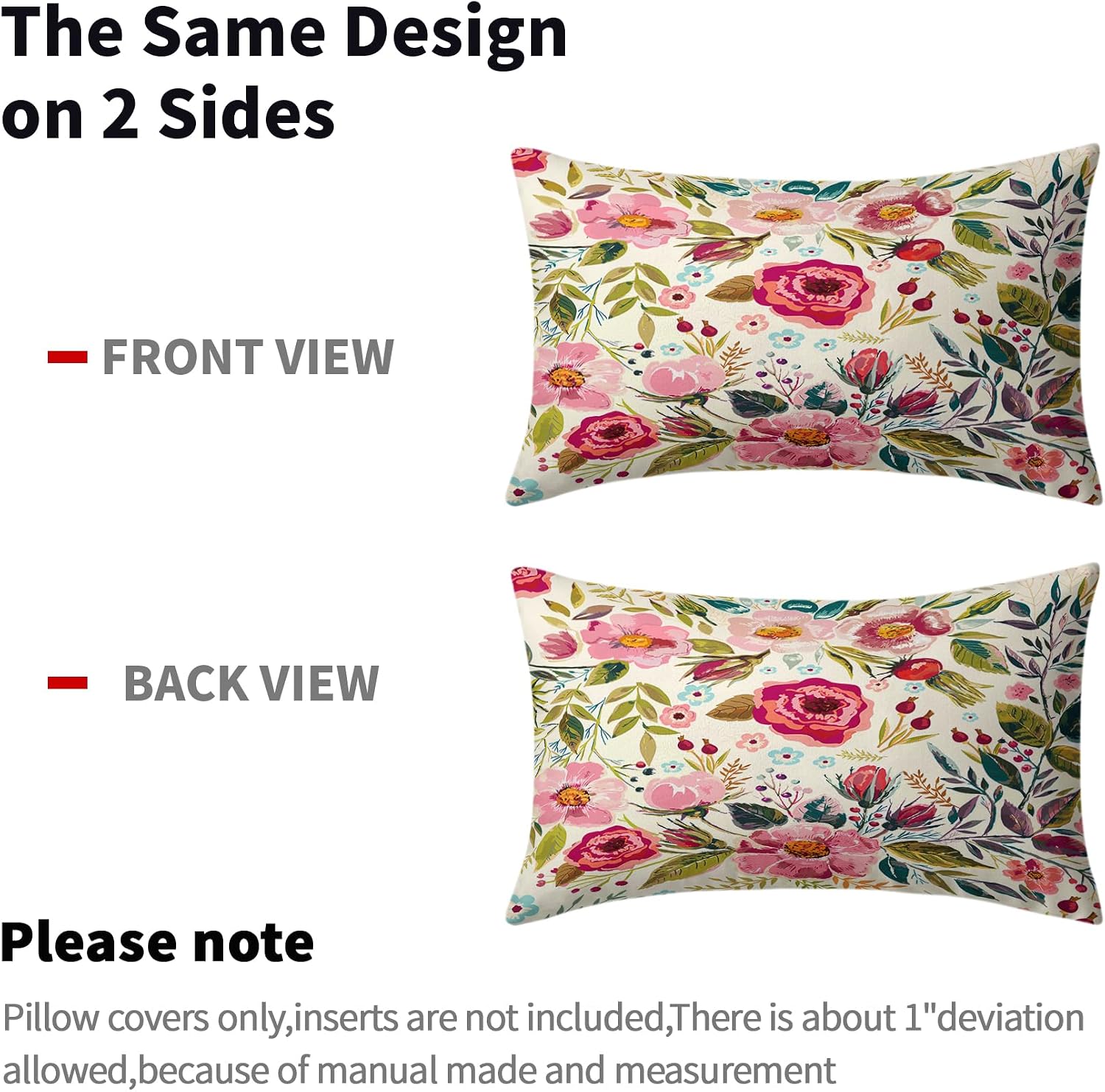 Spring Summer Flower Throw Pillow Covers 20x12 Inch Watercolor Peony Pillowcase Hot Pink Flora with Green Leaves Girly Decorative Cotton…