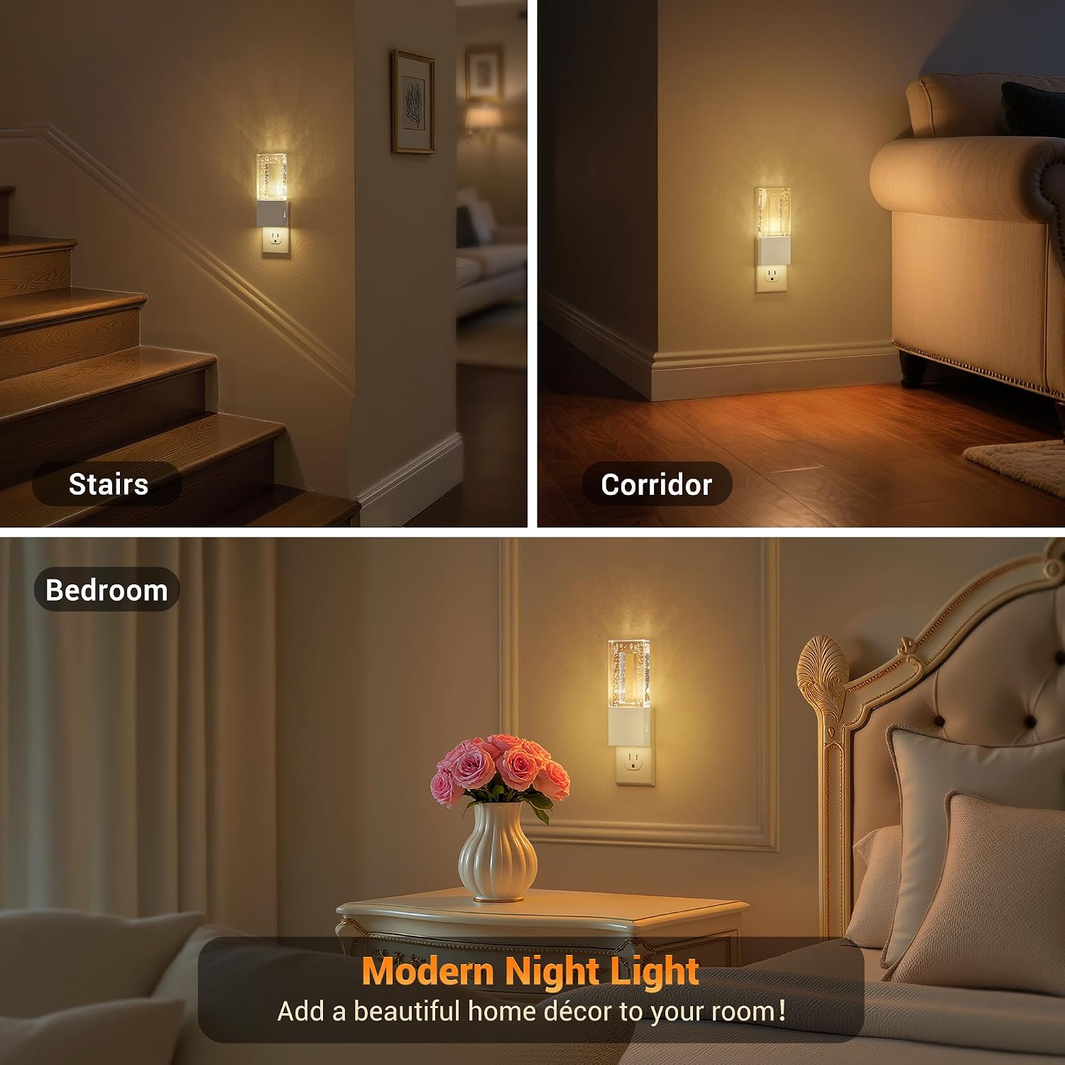 JandCase Night Lights Plug into Wall, Dusk to Dawn Sensor, 3000K Soft White LED, Acrylic Bubble Design, 0-100lm Adjustable Brightness…
