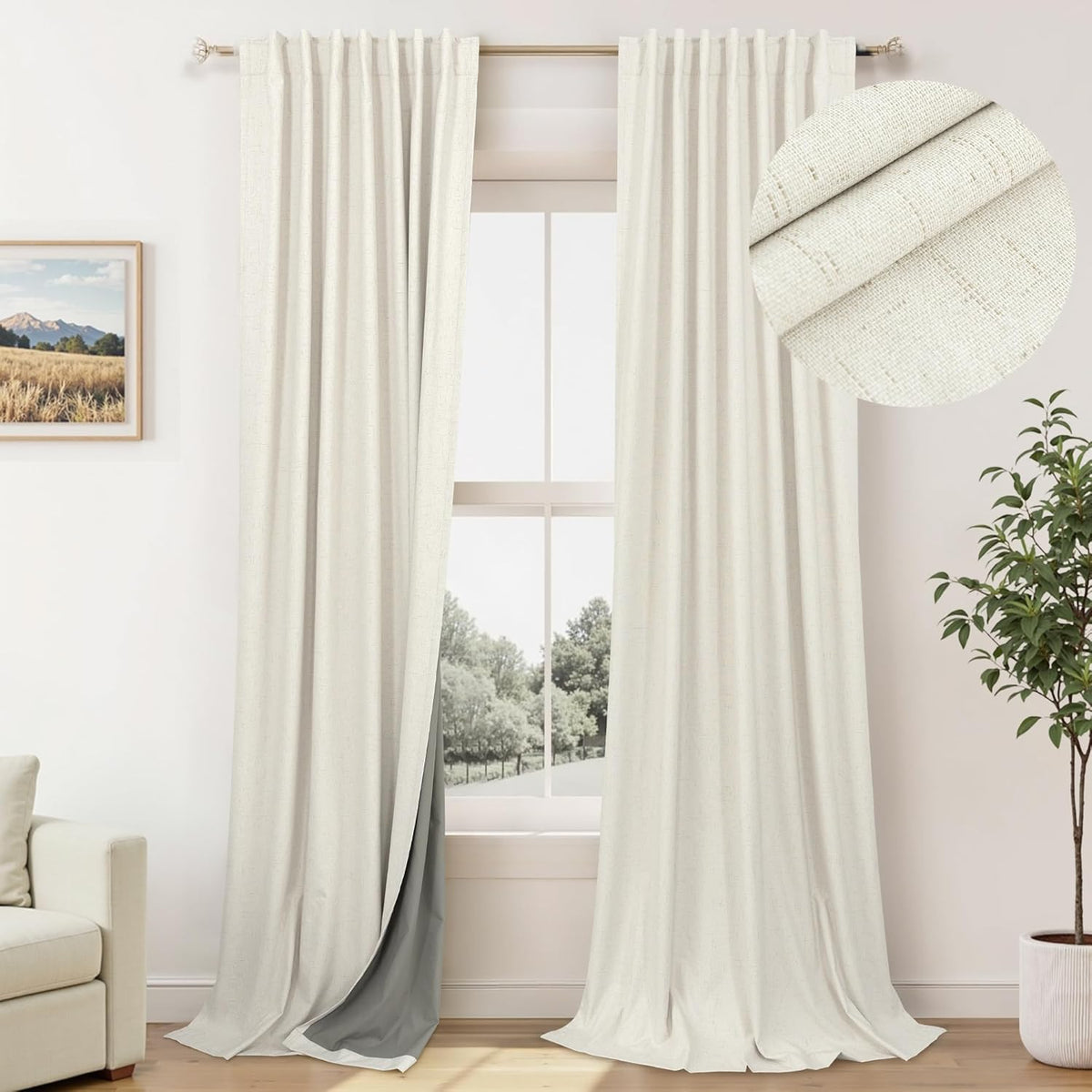 Pitalk Neutral Blackout Curtains 132 Inches Long Elegant Villa Cottage Cabin 12 Foot ft Tall Linen Textured Room Darkening Curtain for Slid…
